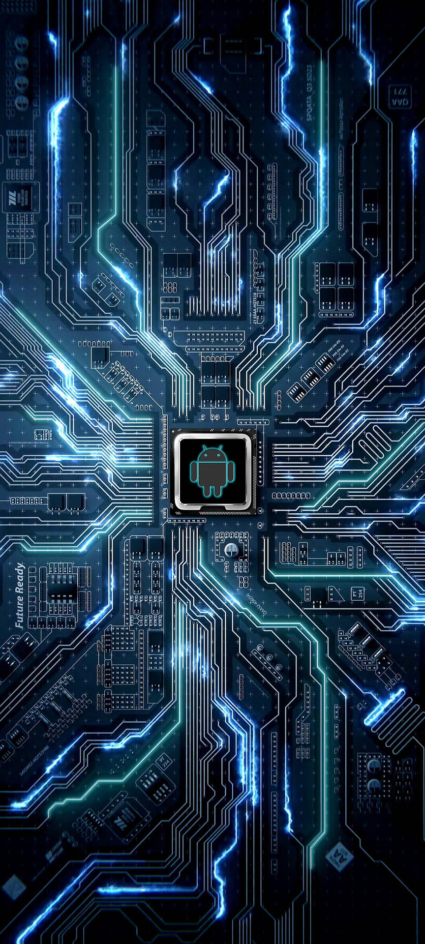 發光藍色電路板，中央有Android標誌 — 科技動圖 壁紙