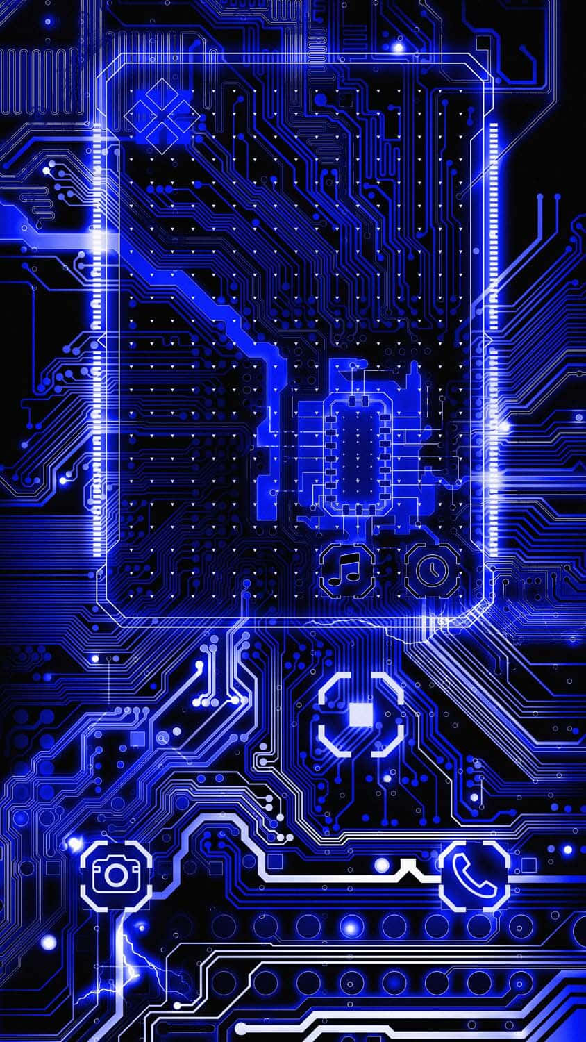 Motherboard 桌布 壁紙 — 一塊發光的藍色電路板，帶有複雜的路徑和嵌入的數位圖示，背景為黑色。