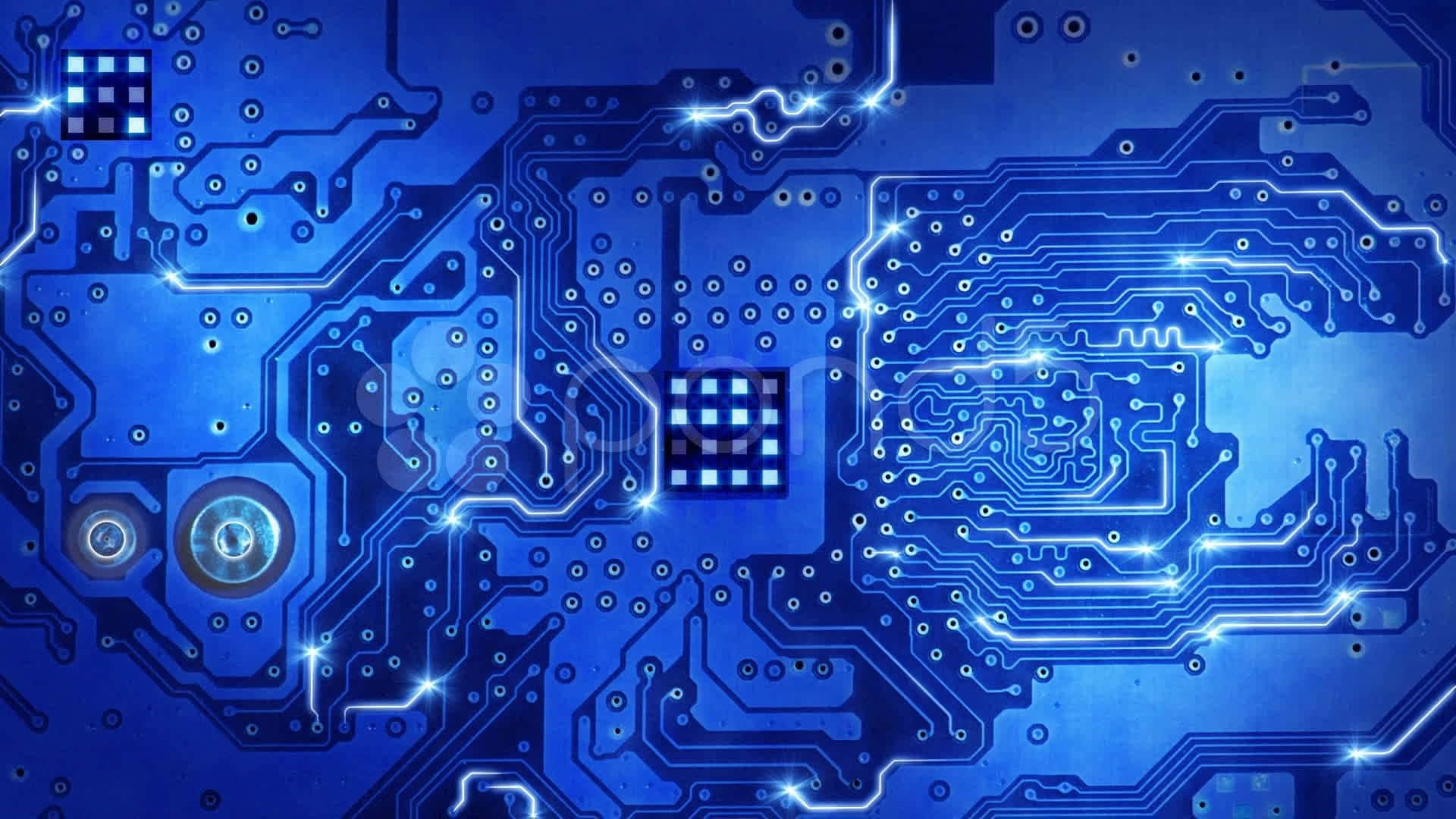 Motherboard 桌布 壁紙 — 一塊發光的藍色電路板，帶有複雜的路徑和明亮的光效，照亮了數位科技主題。