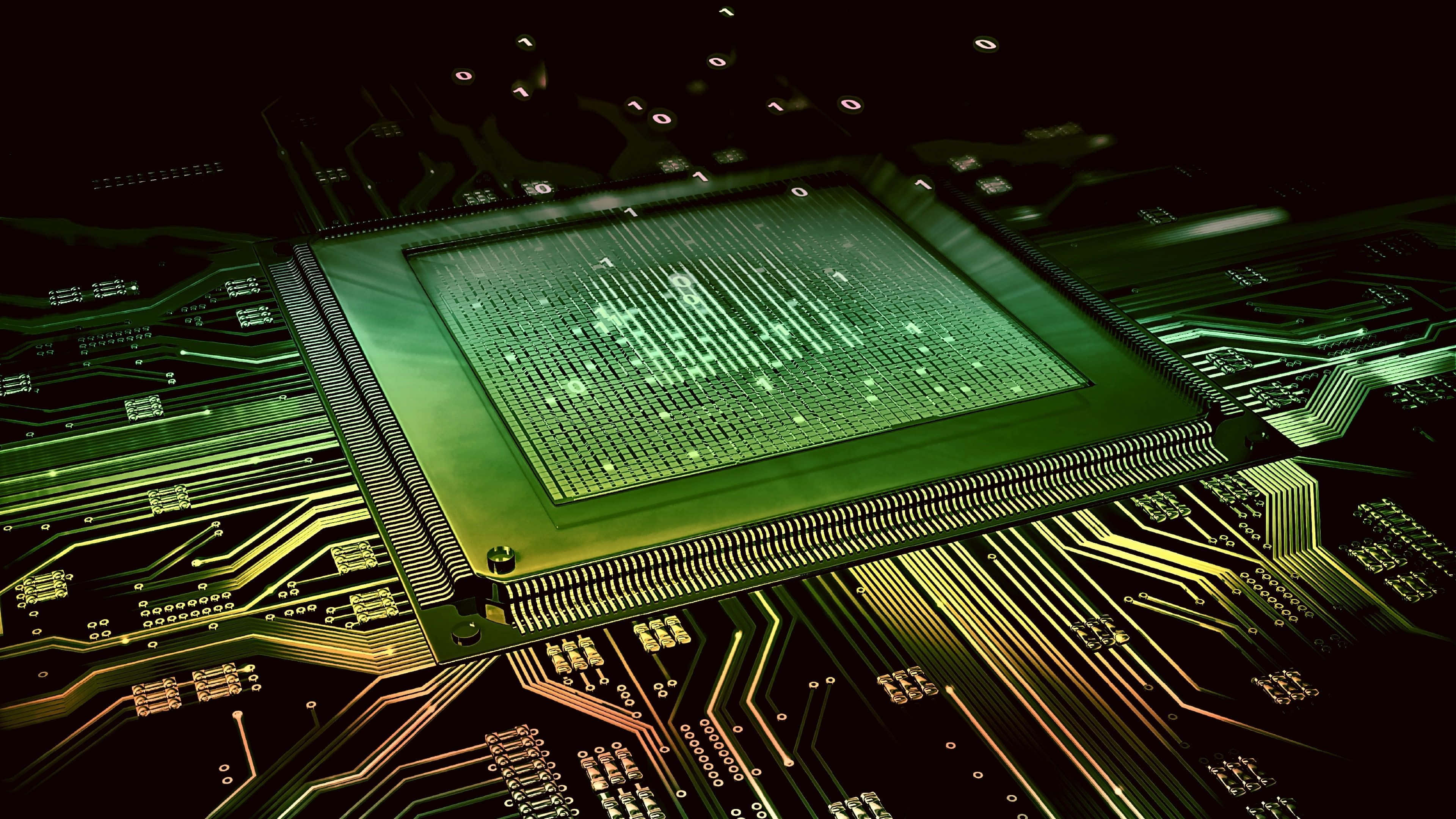 Electronics 桌布 壁紙 — 一塊發光綠色微晶片，位於電路板中央，帶有複雜的金色路徑，在深色背景下向外輻射。