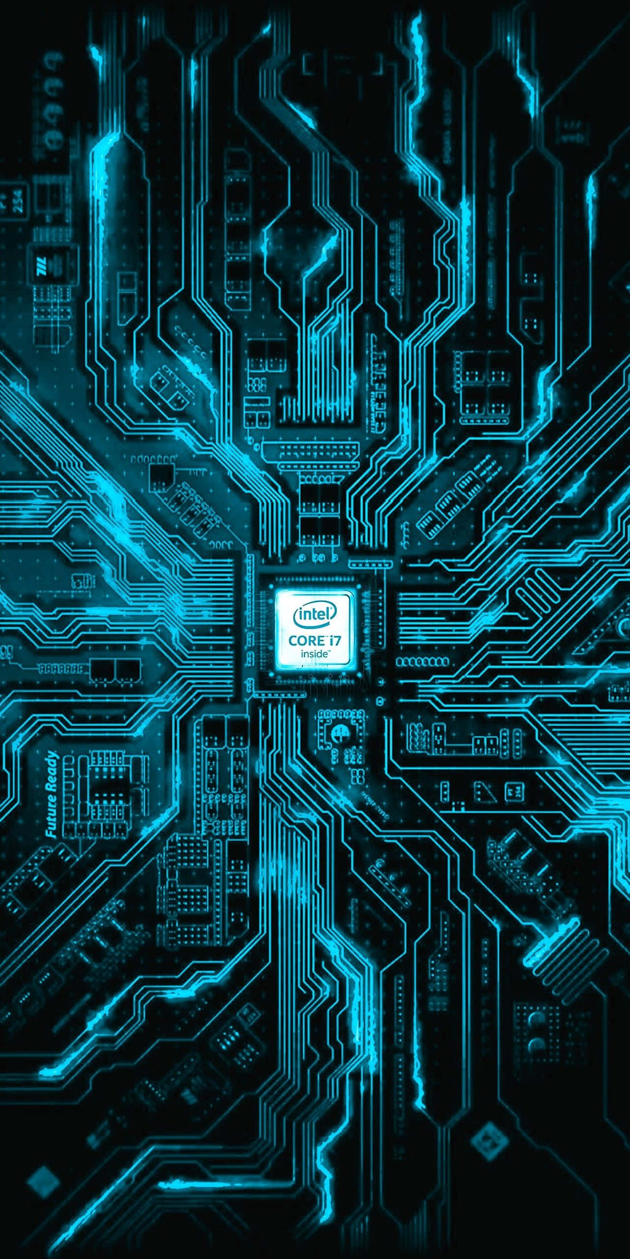 電路板 桌布 壁紙 — 一塊發光藍色電路板，中央有Intel Core i7晶片，背景為黑色。