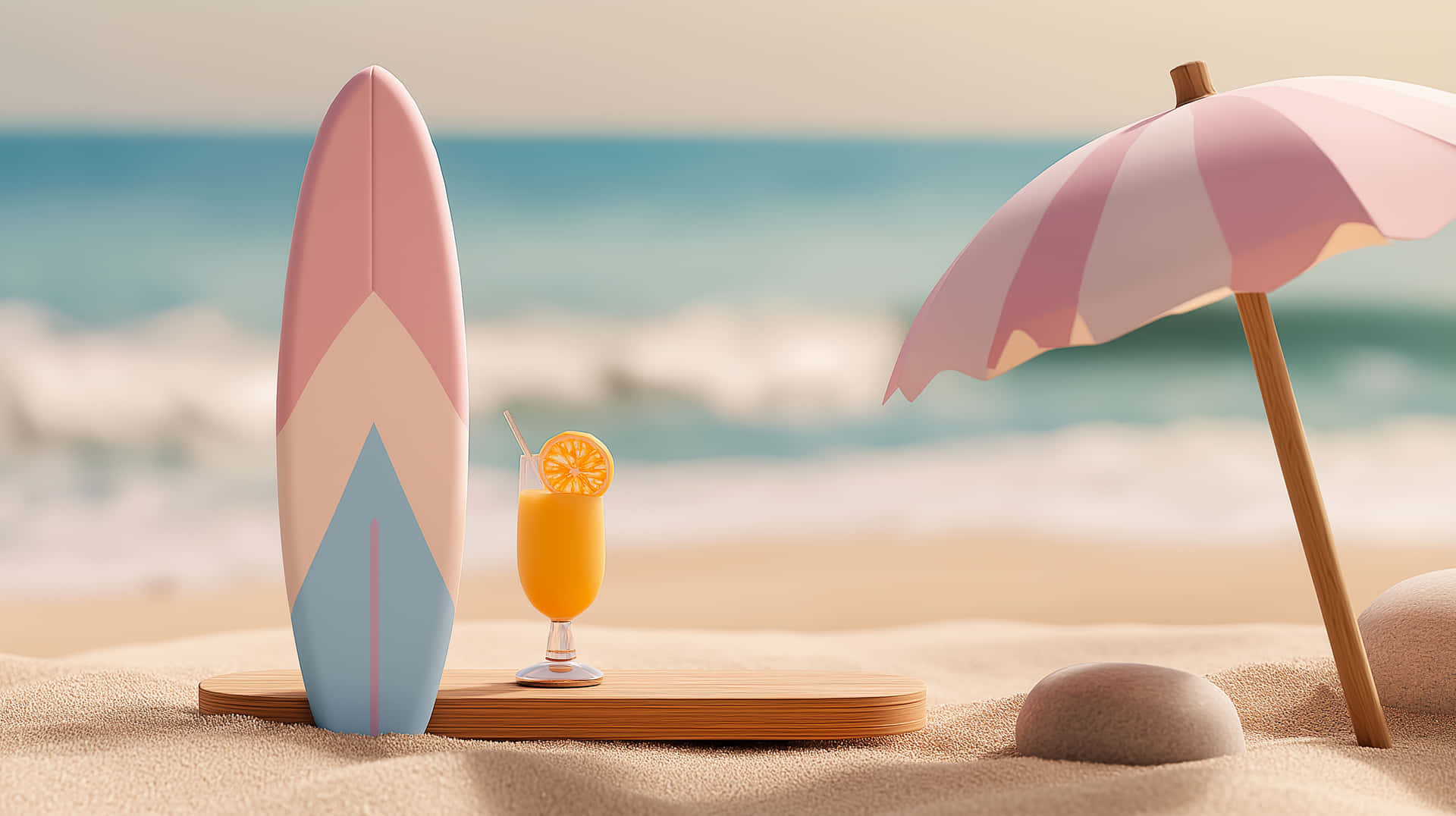 Sunny Beach Day with Surfboard, Umbrella, and Refreshing Cocktail 壁紙 — 一塊粉彩粉藍色衝浪板放在沙灘上，旁邊有熱帶飲品，上方有粉紅條紋遮陽傘，背景是海浪。