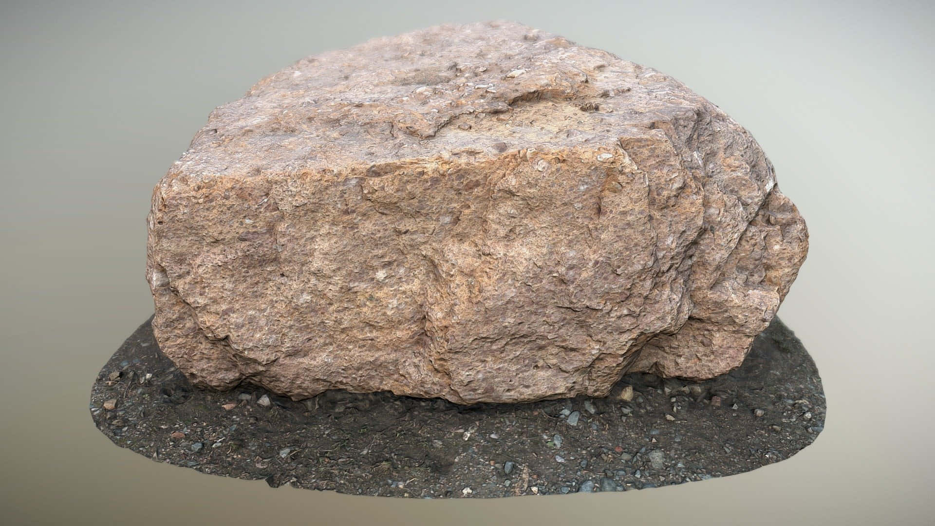 Stone 桌布 壁紙 — 一塊表面粗糙的大型紋理棕色岩石，放置在深色礫石底座上，背景為中性灰色。