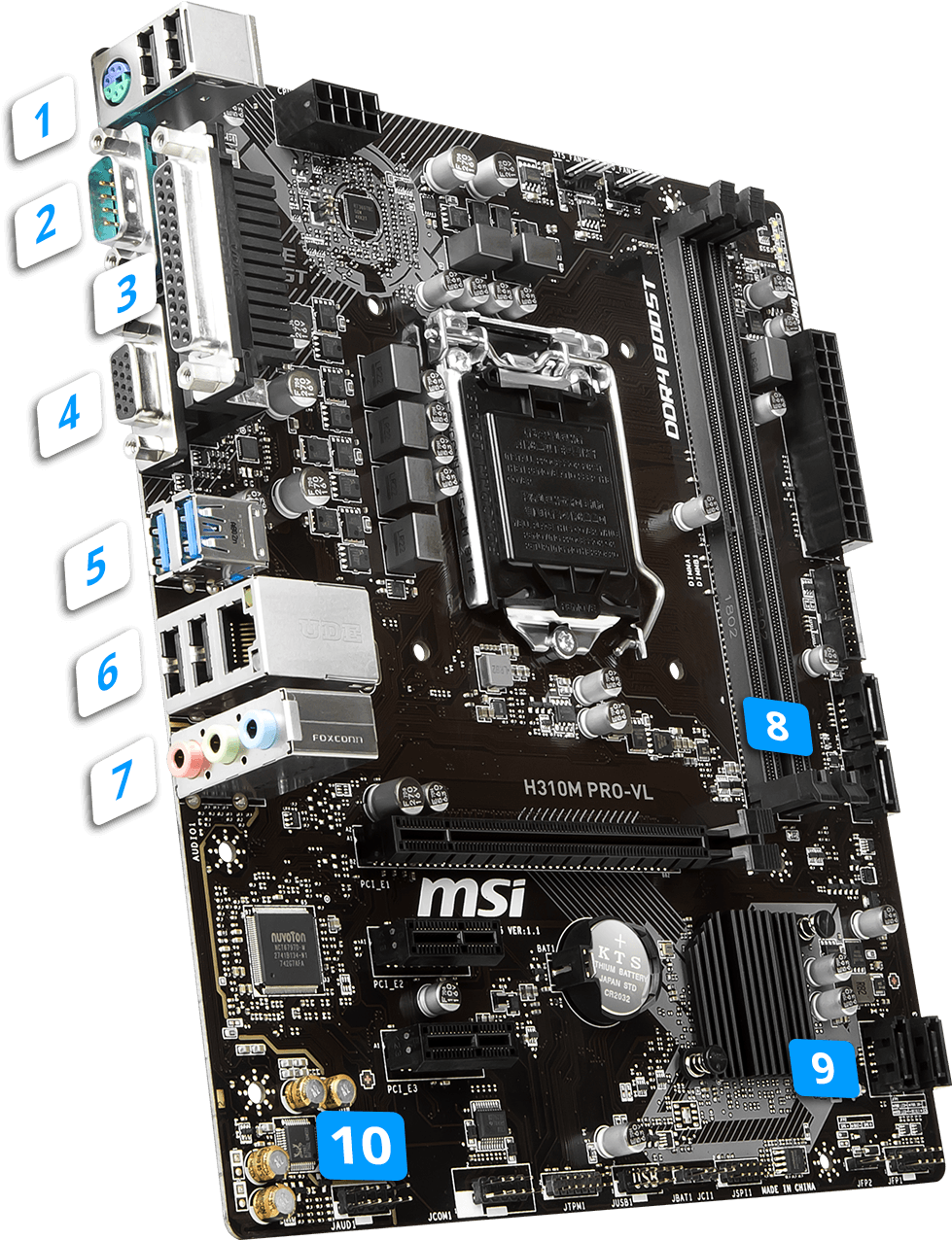 Motherboard 桌布 壁紙 — 一塊詳細的黑色 MSI H310M PRO-VL 主機板，帶有標籤的連接埠和元件，背景為純白色。