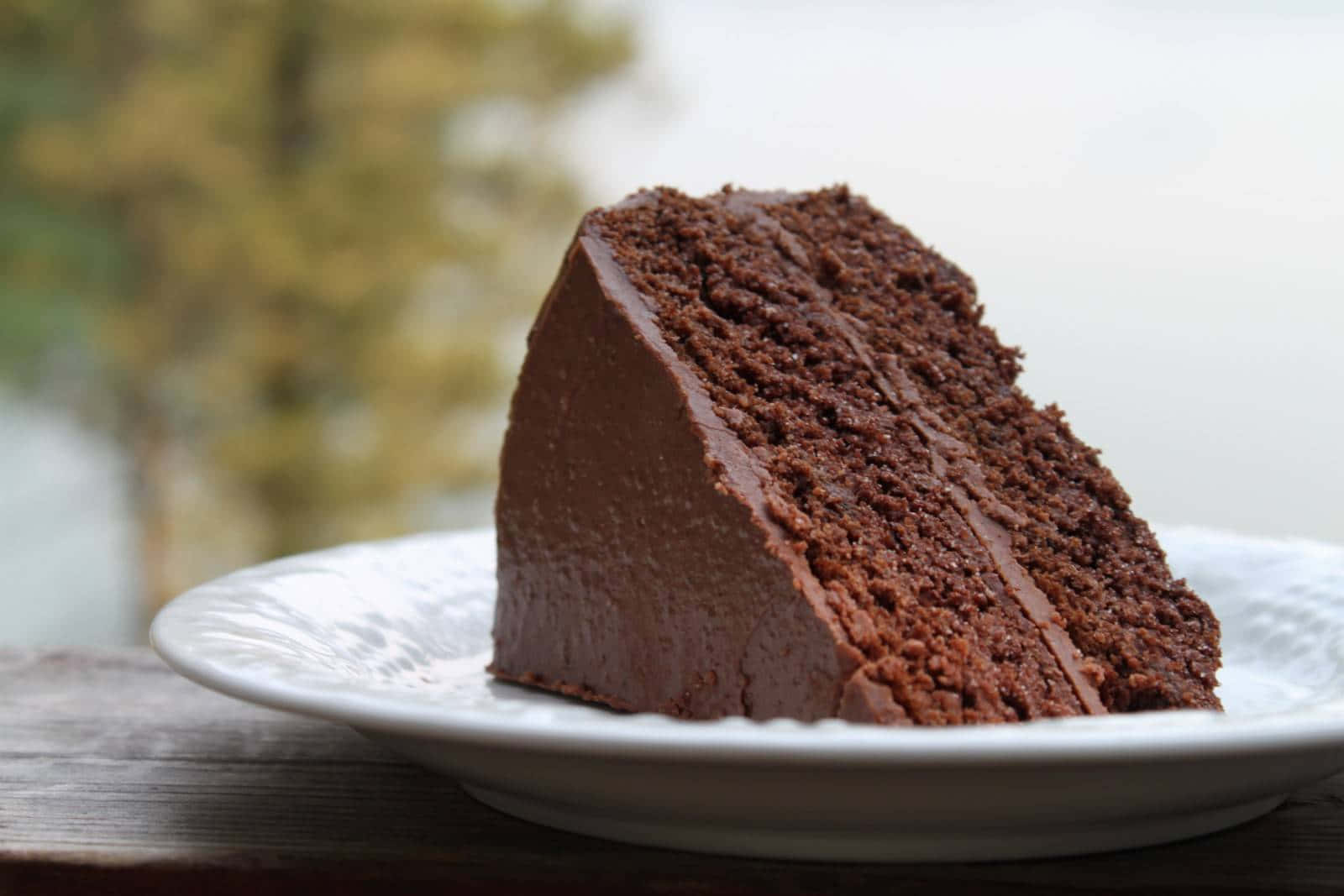Chocolate Cake 桌布 壁紙 — 一塊質感豐富的巧克力蛋糕切片，帶有紋理糖霜，放在白色盤子上，背景是柔和模糊的戶外景色。