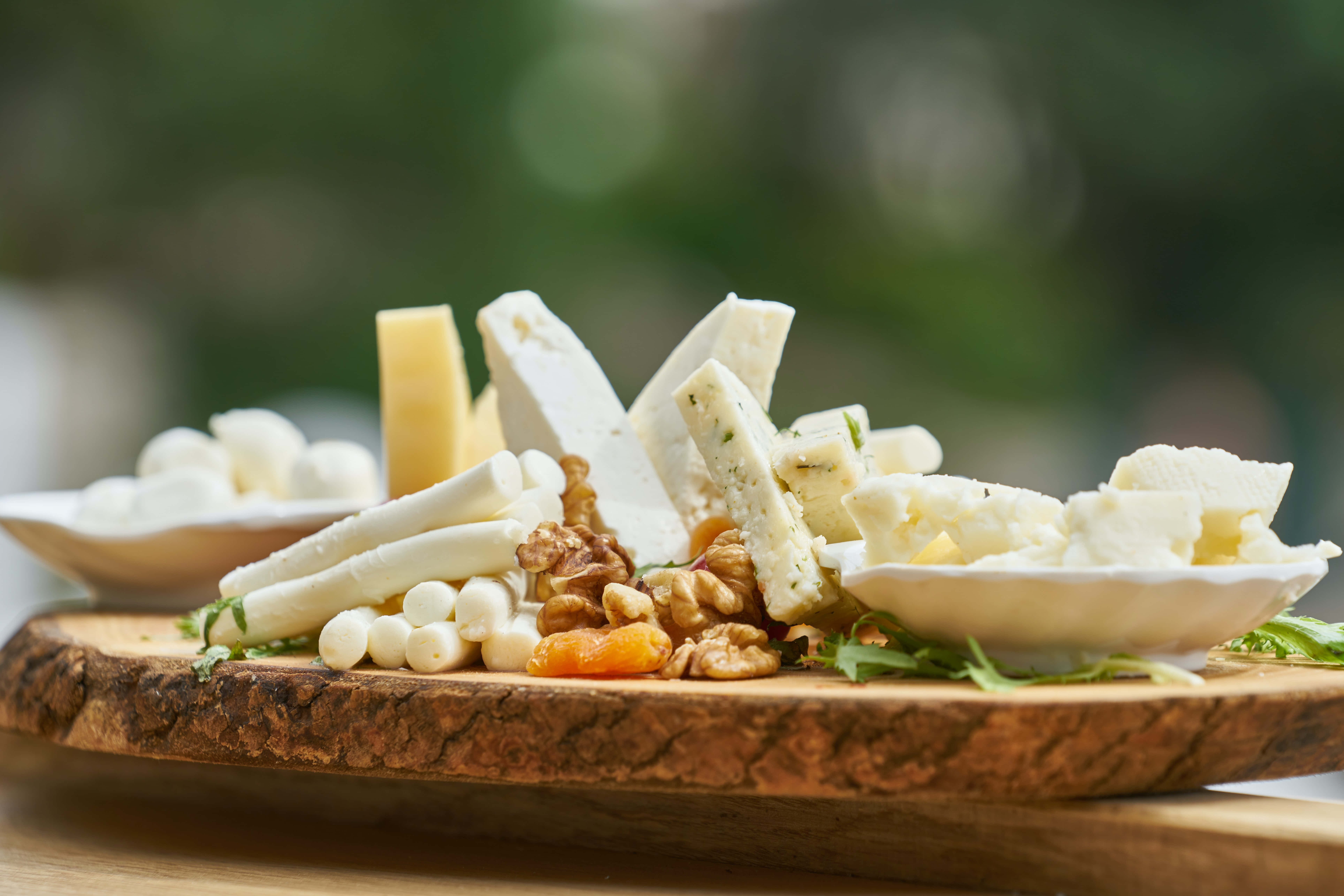 Cheese 桌布 壁紙 — 一塊質樸的木板上，藝術地擺放著各式起司、堅果和乾果，背景是柔和的綠色模糊效果。