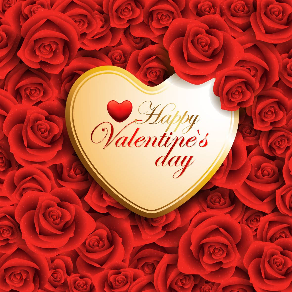 情人節 桌布 壁紙 — 一塊金色心形巧克力，上面寫有「Happy Valentine's Day」字樣，放在一片鮮豔的紅玫瑰花叢上。