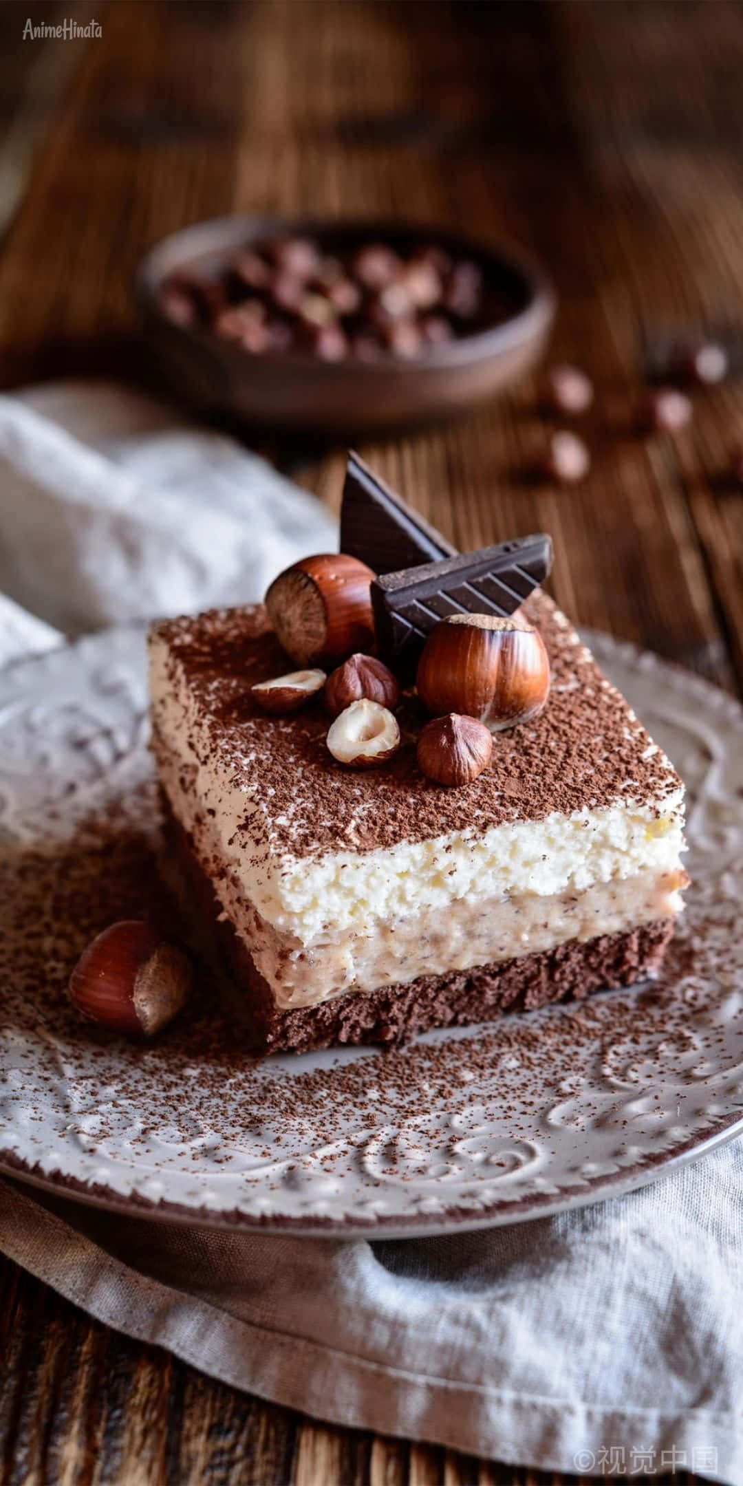Pixel 3 Desserts 桌布 壁紙 — 一塊頹廢的巧克力榛子蛋糕，撒上可可粉，並以整顆榛子和黑巧克力裝飾，放在質樸的木桌上。