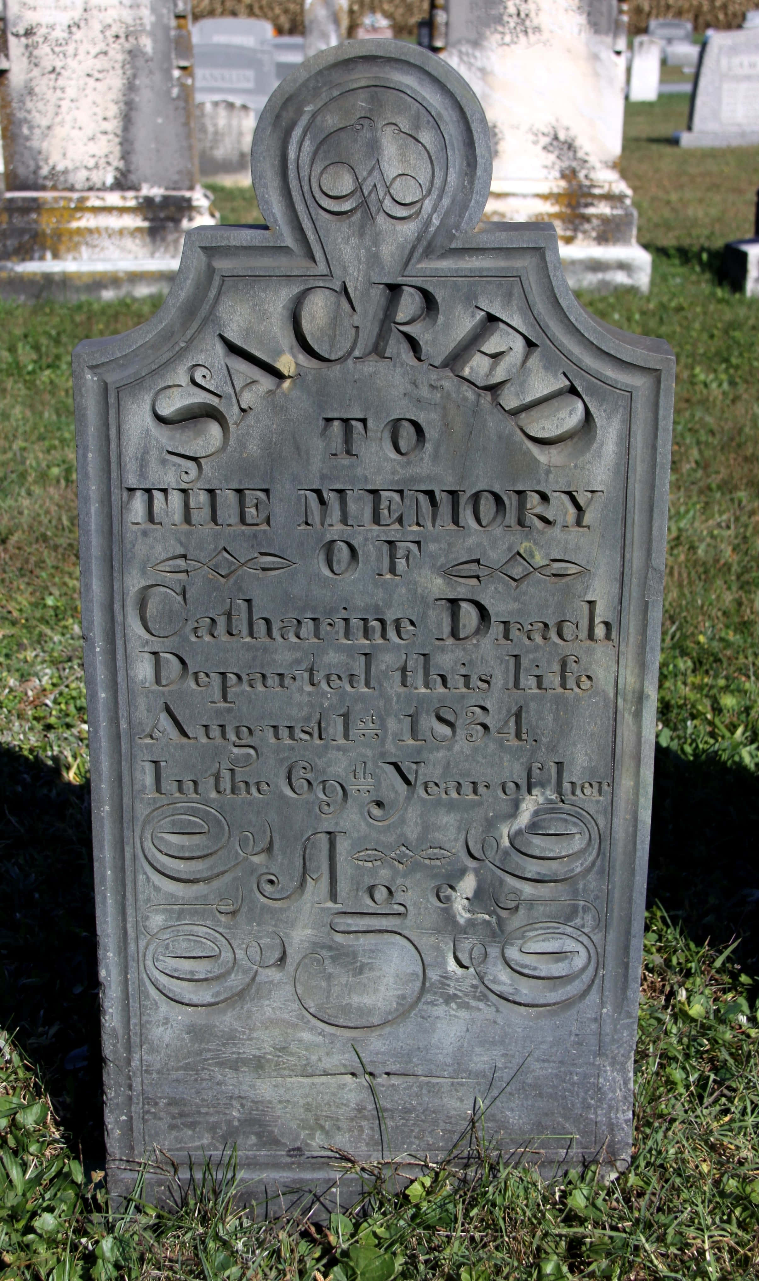 Gravestone 桌布 壁紙 — 一塊風化的灰色墓碑，刻有「Sacred to the Memory of Catharine Drach」字樣，矗立在柔和的日光下、長滿青草的墓園中。