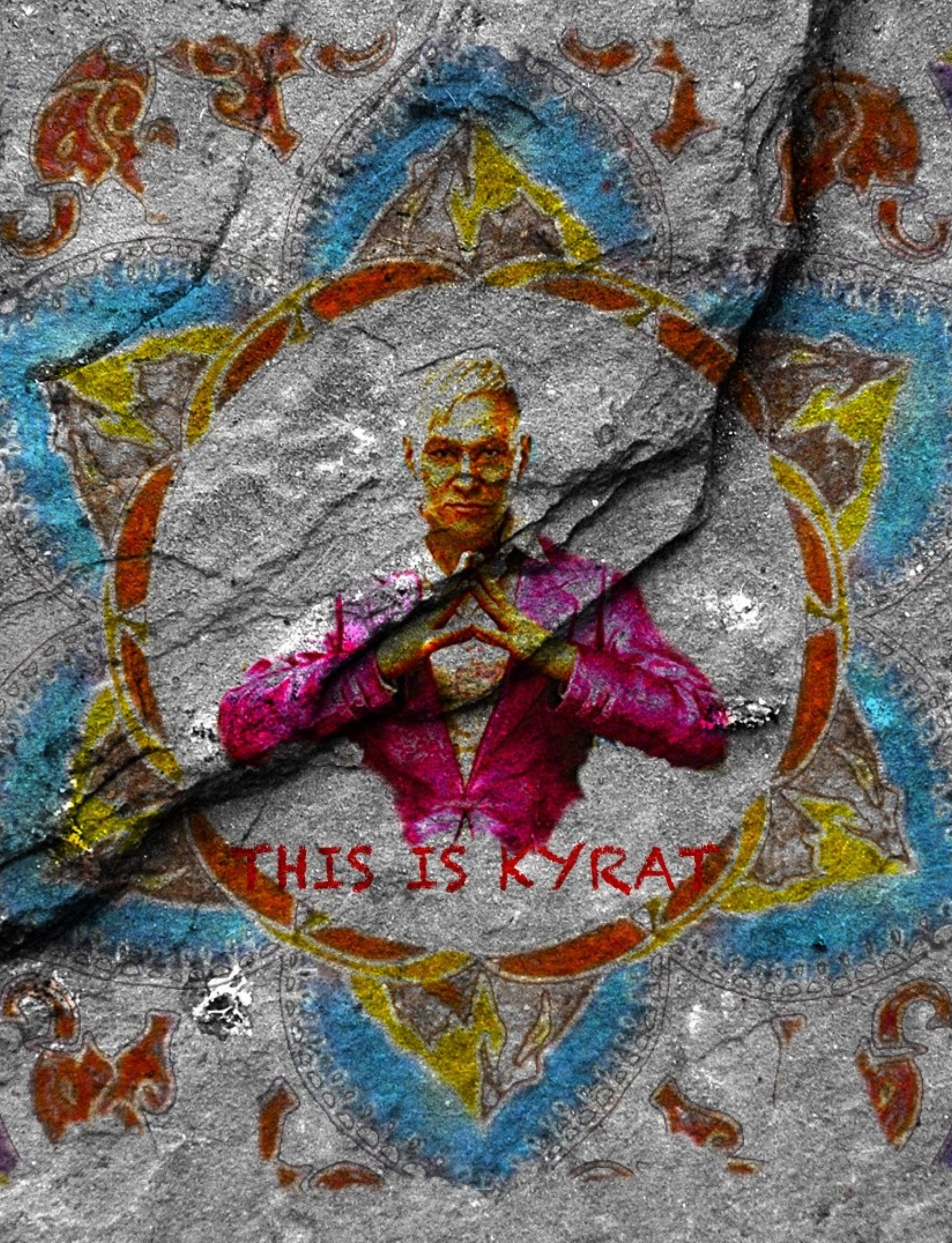 far cry iPhone 桌布 壁紙 — 一塊風化的石板上有一個穿著粉紅色西裝的男人的褪色肖像，周圍是色彩繽紛的幾何圖案，並有文字「THIS IS KYRAT」。