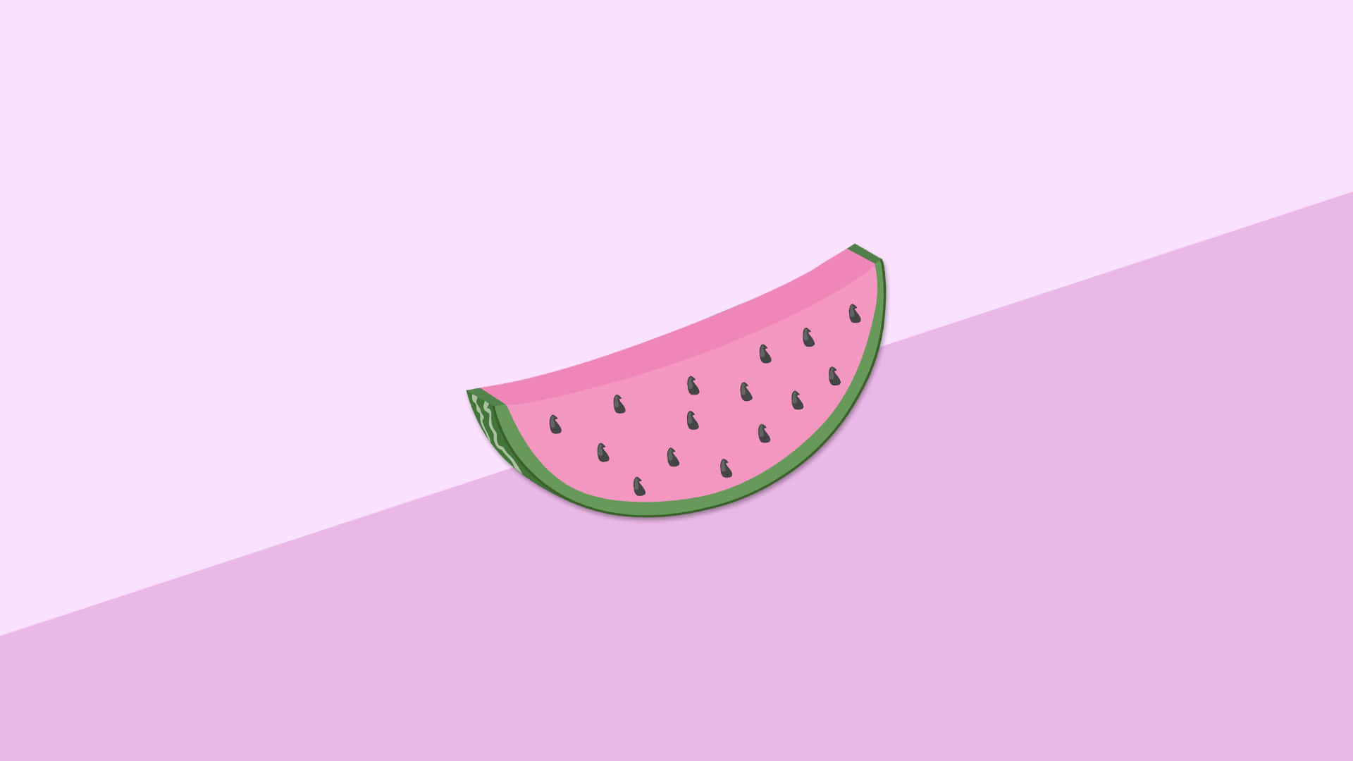 Fruit 桌布 壁紙 — 一塊風格化的西瓜片，帶有黑色種子，放置在柔和的粉紅色斜角背景上。