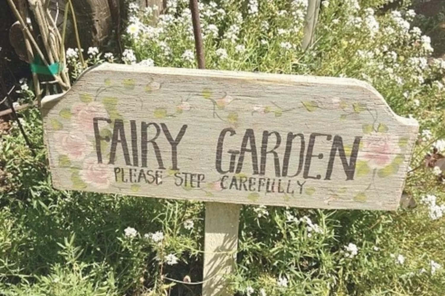 田園風 桌布 壁紙 — 一塊飽經風霜的木牌，上面寫著「FAIRY GARDEN PLEASE STEP CAREFULLY」，矗立在茂密的綠植和白色花朵之間。