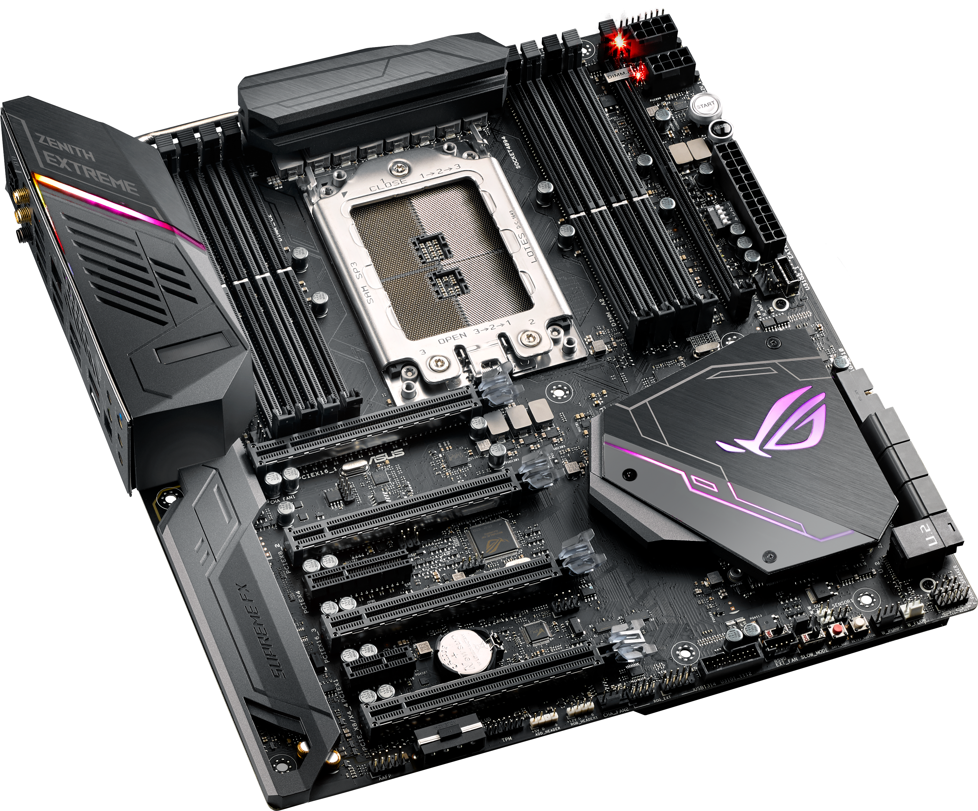 主機板 桌布 壁紙 — 一塊高科技 ASUS ROG Zenith Extreme 主機板，帶有發光的紫色點綴和紅色 LED 燈光，背景為黑色。