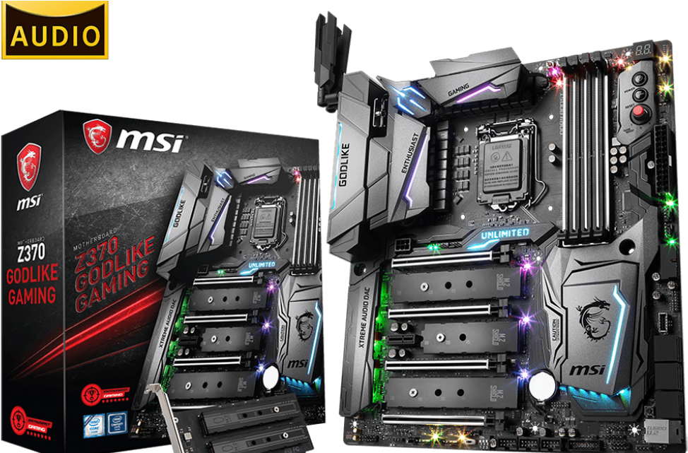Motherboard 桌布 壁紙 — 一塊高科技MSI Z370 GODLIKE GAMING主機板，帶有發光RGB燈光，展示在其零售盒旁邊，背景為黑色。