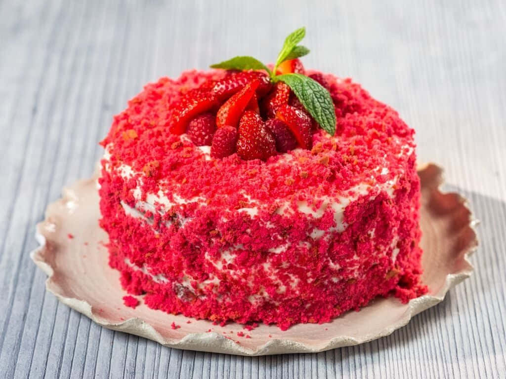 Red Velvet Cake 桌布 壁紙 — 一塊鮮豔的紅絲絨蛋糕，上面鋪滿新鮮草莓和薄荷葉，放在扇貝邊碟子上，背景是淺色木質。