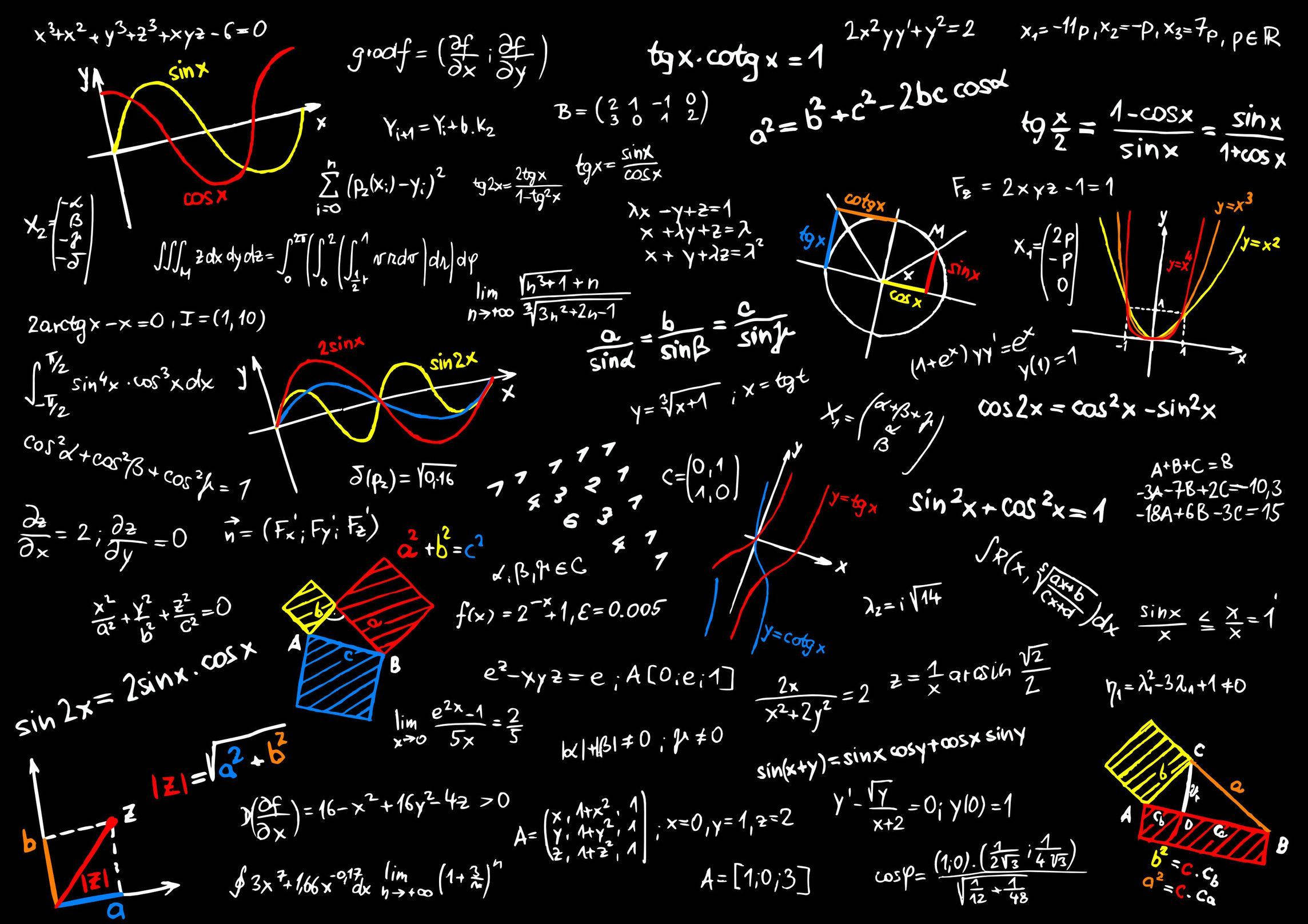 Physics 桌布 壁紙 — 一塊黑板，上面佈滿了紅色、黃色、藍色和白色的彩色手寫數學方程式、圖表和公式。