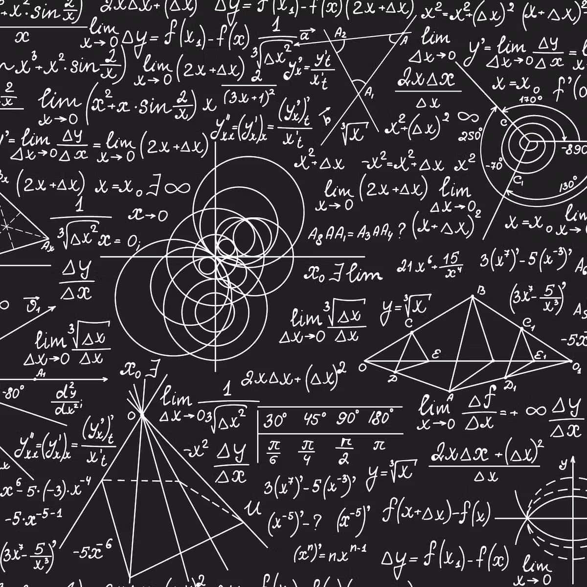 mathematics 桌布 壁紙 — 一塊黑板，上面佈滿了複雜的白色粉筆數學方程式和幾何圖形，形成密集的圖案。