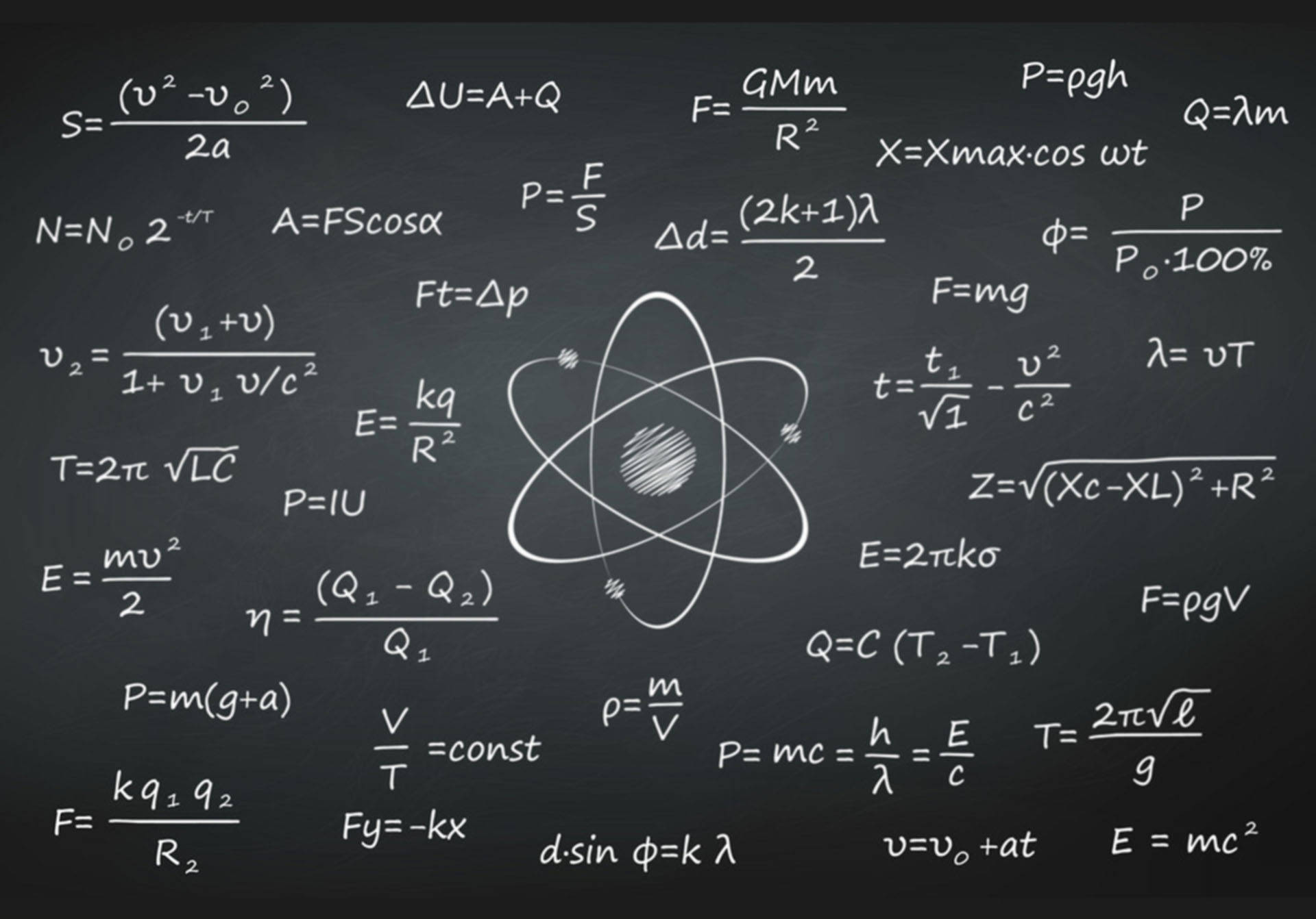 Physics 桌布 壁紙 — 一塊黑板，上面佈滿白色粉筆寫的物理方程式和一個中央原子圖。