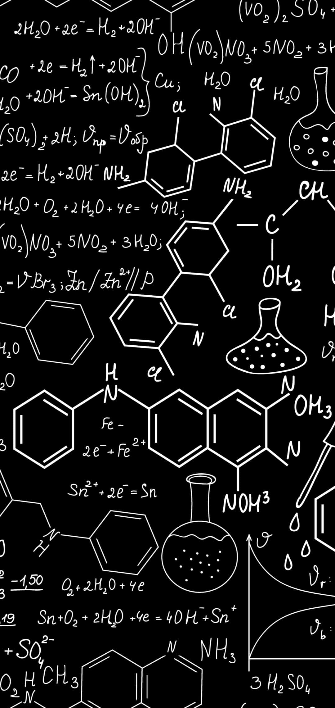 Physics 桌布 壁紙 — 一塊黑板，上面佈滿白色粉筆書寫的化學公式和分子結構，營造出科學學習的氛圍。