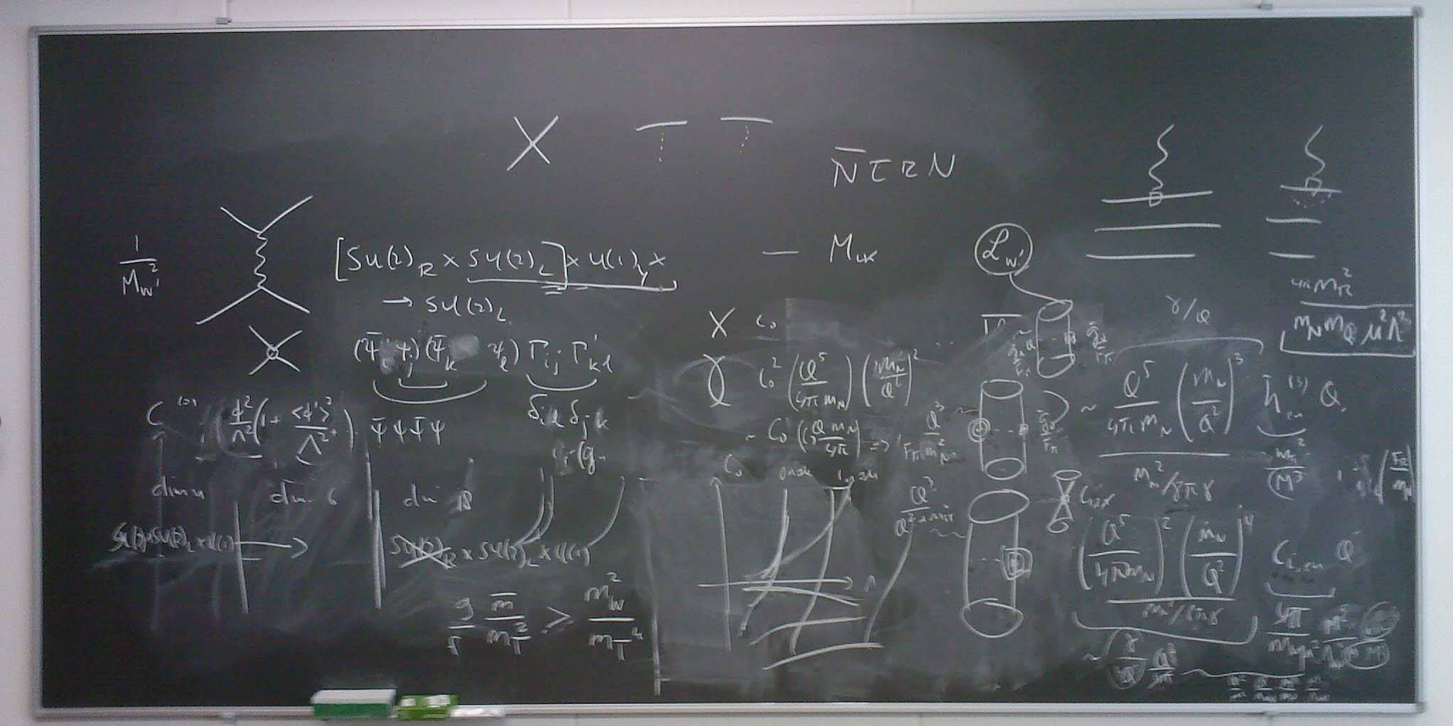 Physics 桌布 壁紙 — 一塊黑板，上面用白色粉筆寫滿複雜的物理方程式和圖表。