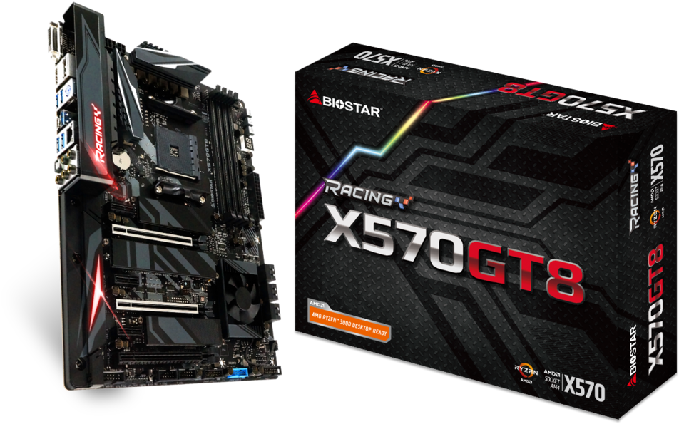 主機板 桌布 壁紙 — 一塊黑色Biostar X570GT8主機板帶有紅色點綴，旁邊是其匹配的黑色盒子，帶有彩虹圖案。