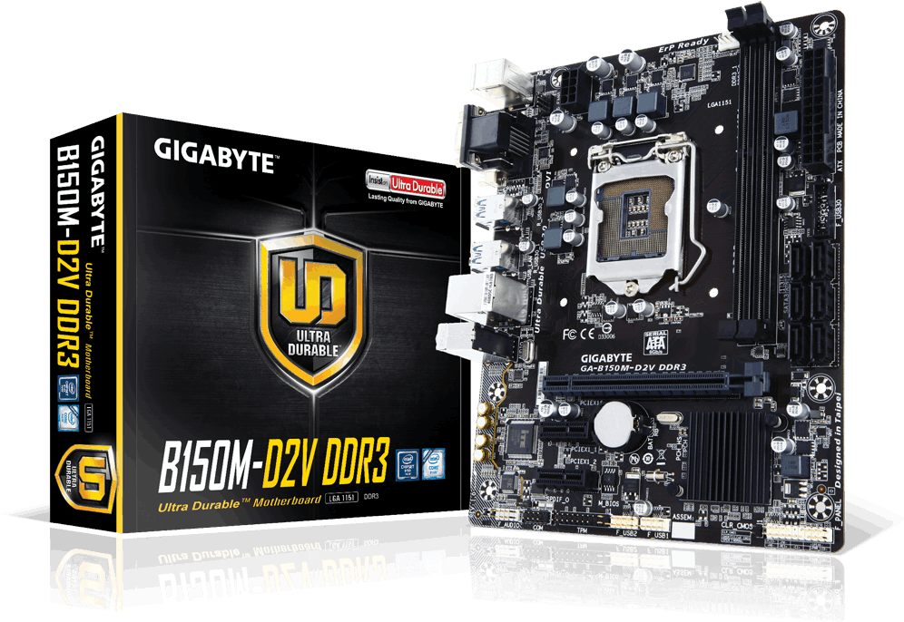 Motherboard 桌布 壁紙 — 一塊黑色Gigabyte B150M-D2V DDR3主機板展示在其零售盒旁邊，表面具有反射效果。
