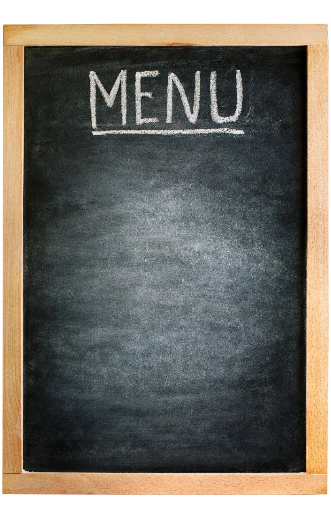 攝影 桌布 壁紙 — 一塊黑色黑板，上面用白色粉筆寫著 MENU 並加了下劃線，鑲在淺色木框內。