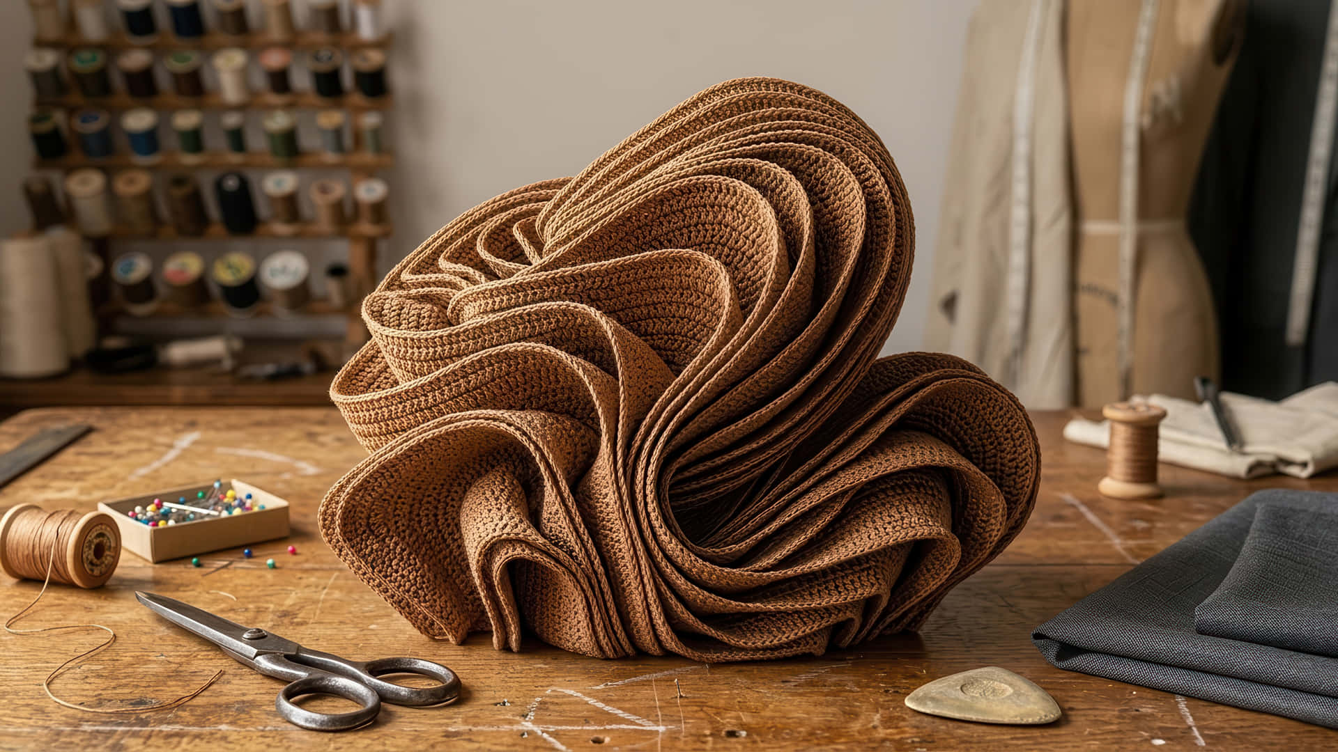 Crochet work on wool Bloom modded wallpaper for windows 11 desktop Enhancement 壁紙 — 一大圈質感豐富的棕色布料放在木製工作台上，周圍有縫紉工具和線軸。