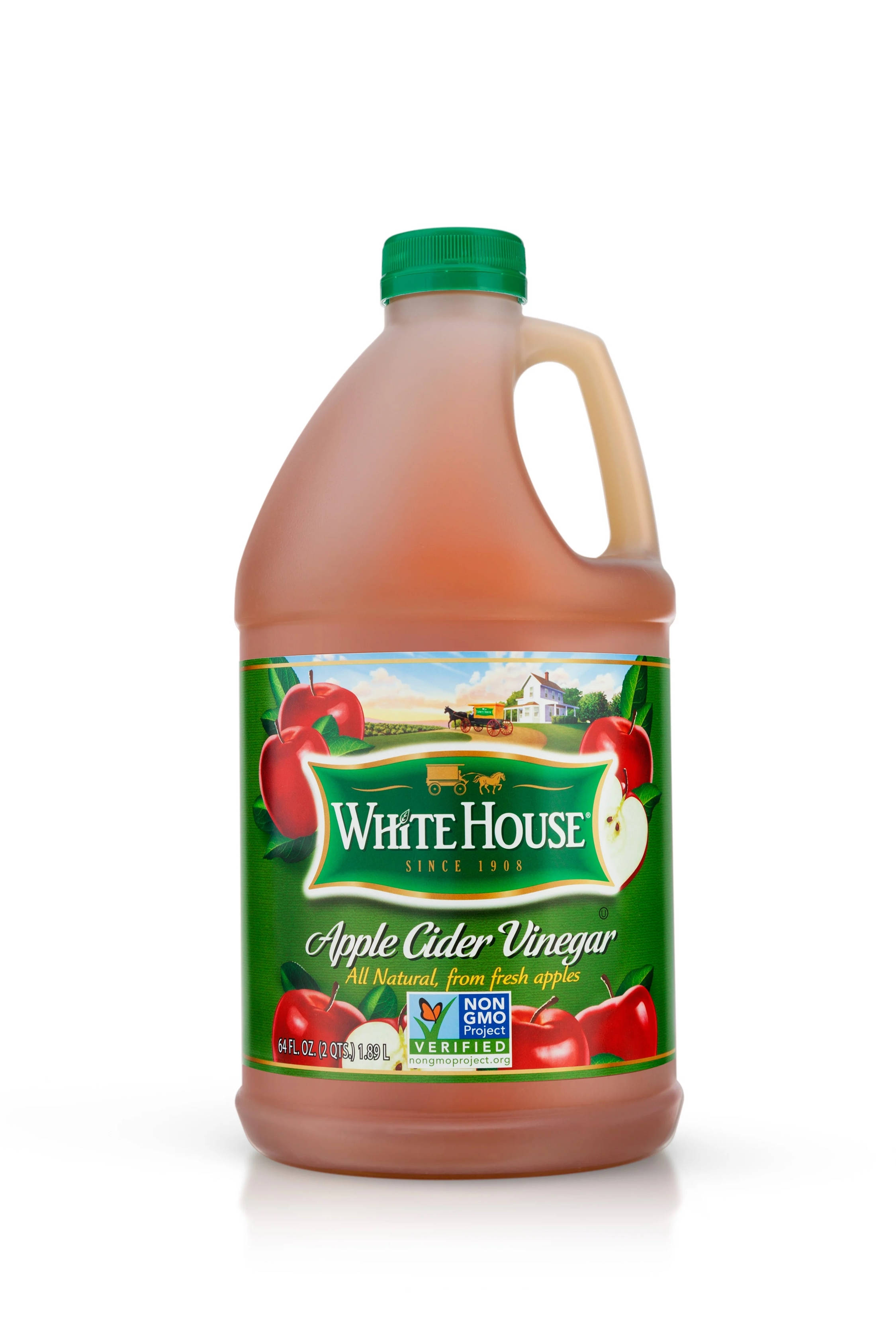 飲料 桌布 壁紙 — 一大壺 White House 蘋果醋，帶有綠色蓋子，標籤上有紅蘋果和農場場景。