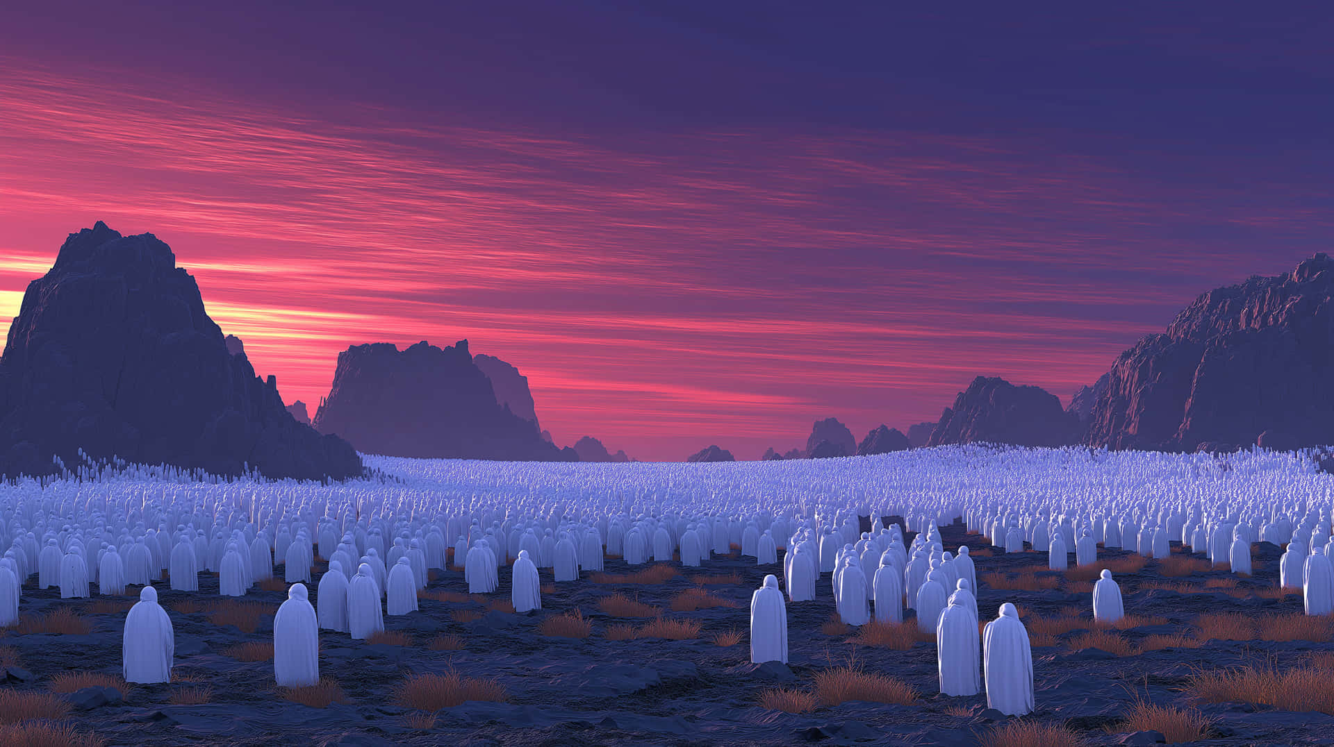 Vast Assembly of White Figures on Distant Alien Planet 壁紙 — 一大片白色連帽人物站在戲劇性的粉紅和紫色日落天空下，遠處有鋸齒狀的山脈。