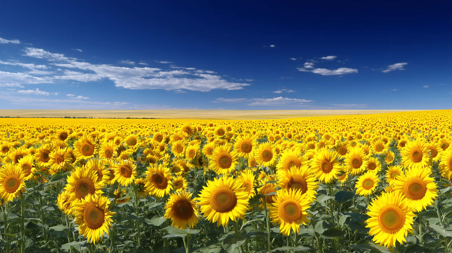 Expansive Sunflower Field Under a Vibrant Blue Sky 壁紙 — 一大片鮮黃色的向日葵田在深藍色的天空下延伸，天空中有散落的白雲。