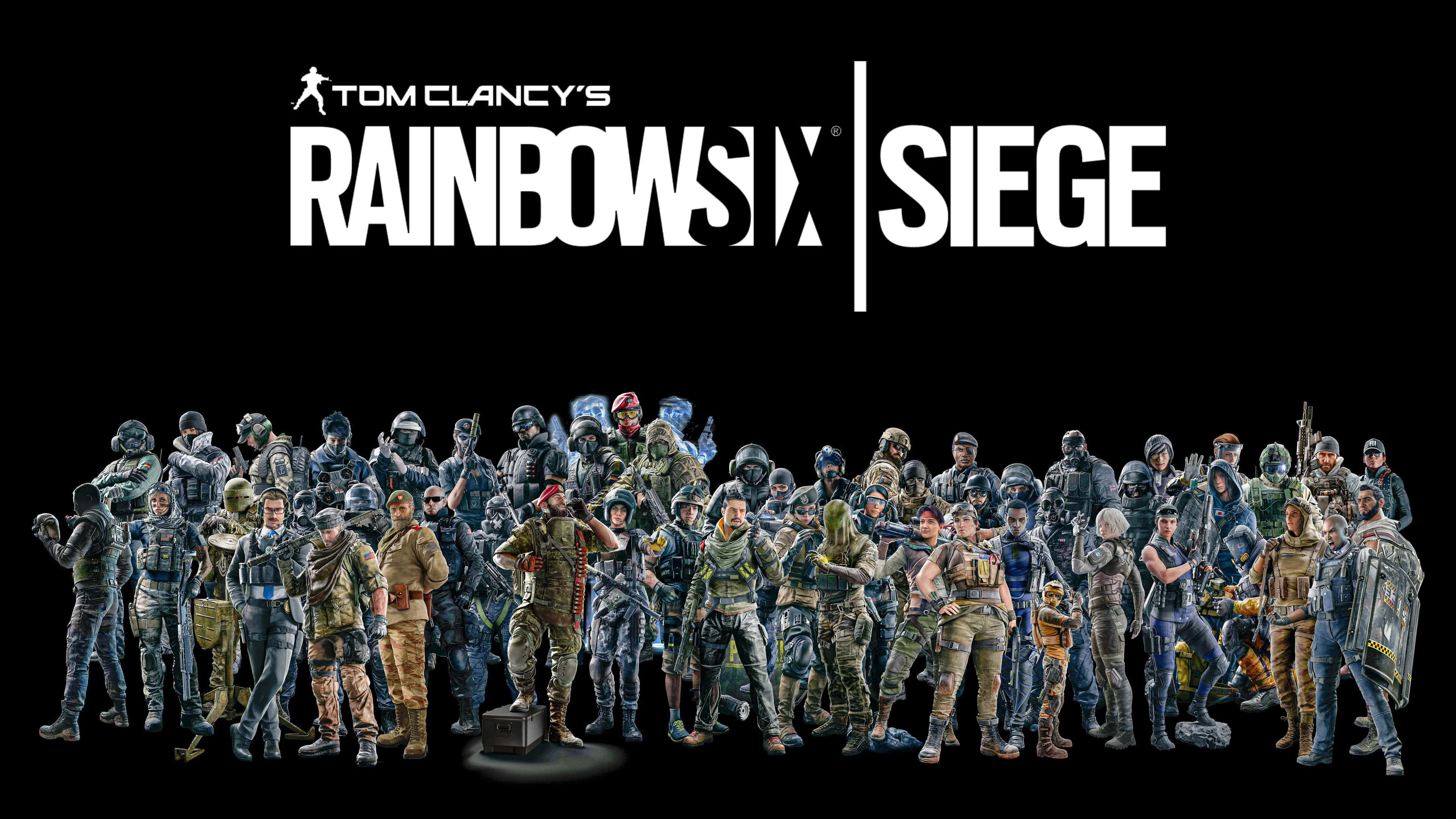 Rainbow Six Siege Operators 桌布 壁紙 — 一大群來自《湯姆克蘭西：虹彩六號：圍攻行動》的戰術幹員在黑色背景前排列成隊形，遊戲標題在上方。