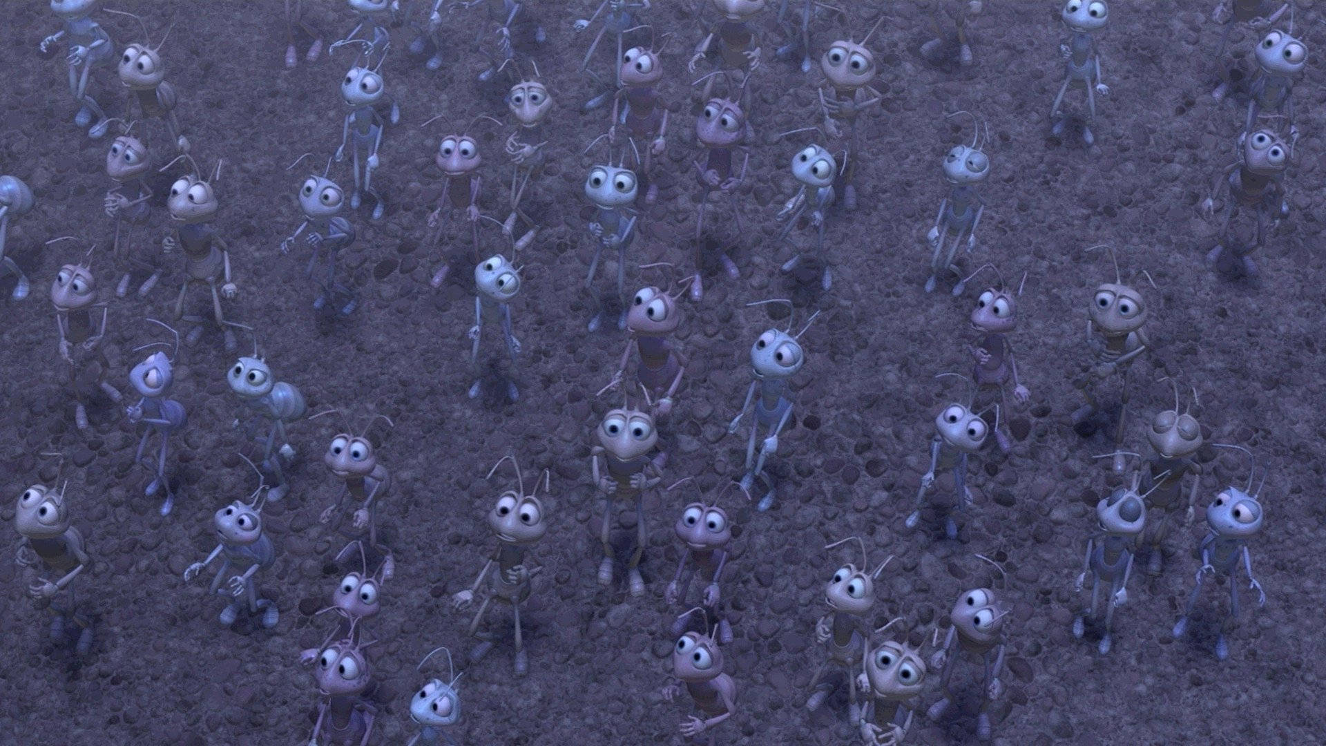 life 桌布 壁紙 — 一大群動畫螞蟻，有著大眼睛和豐富表情，在昏暗燈光下整齊劃一地行進在紋理泥土表面上。