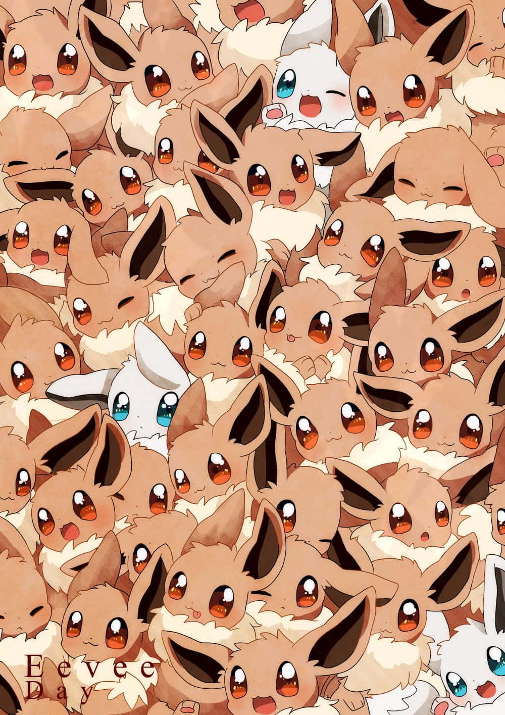 Cute Eevee 桌布 壁紙 — 一大群可愛的伊布寶可夢，有著富有表情的眼睛和毛茸茸的尾巴，色調溫暖。