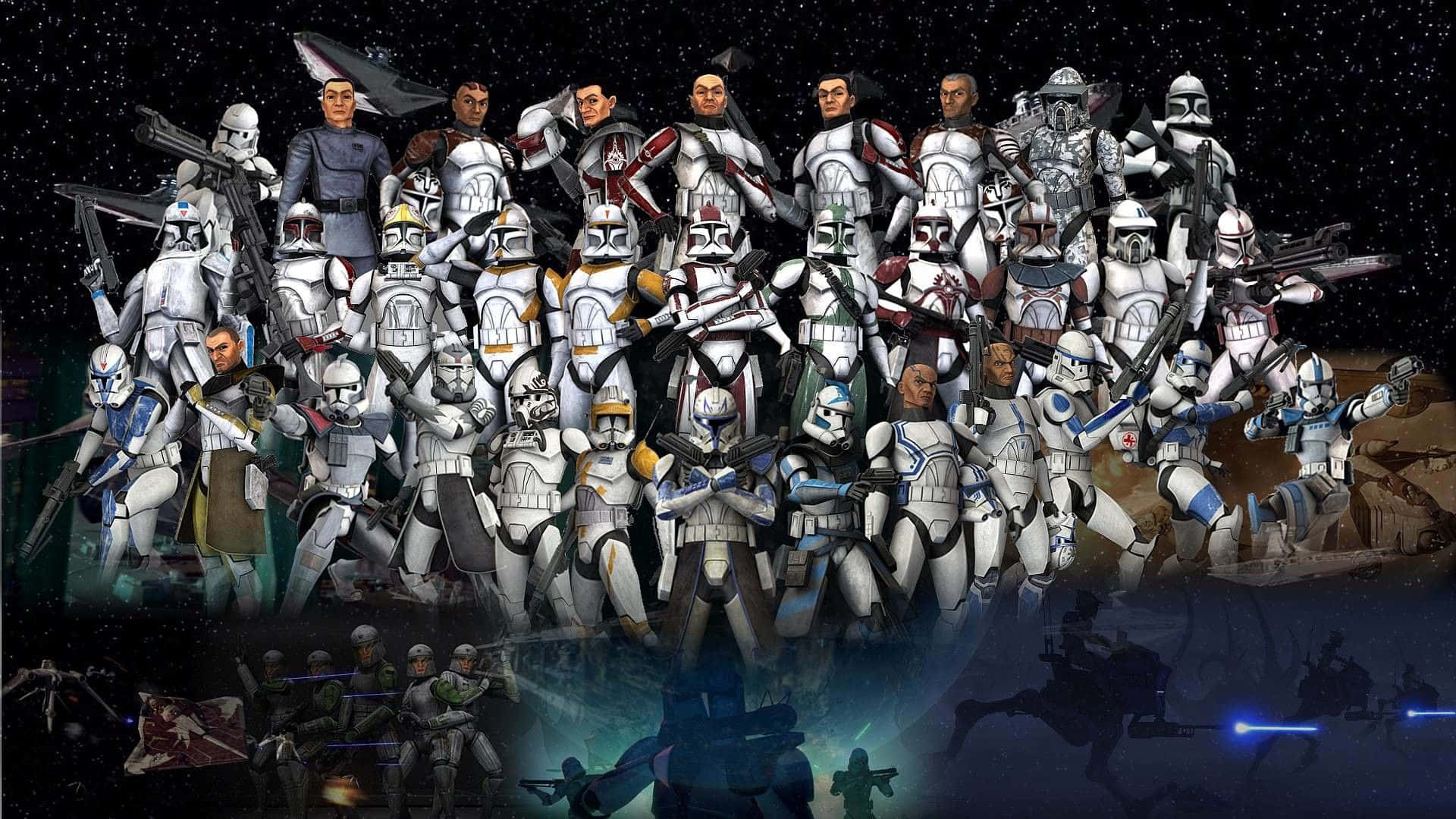 Clone Wars 桌布 壁紙 — 一大群星際大戰的複製人士兵和指揮官在星空太空背景下排列成隊形，下方有戰鬥場景。