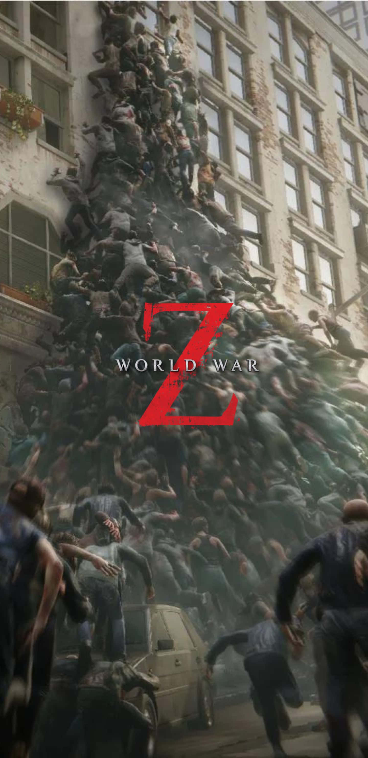Pixel 3xl World War Z 桌布 壁紙 — 一大群殭屍湧上城市建築物，而下面的倖存者驚慌逃命。