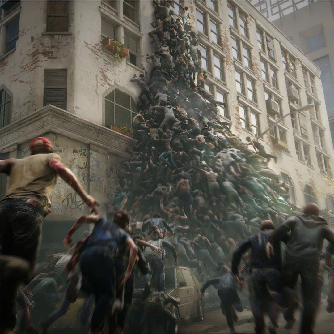 World War Z 桌布 壁紙 — 一大群殭屍湧上城市建築物，而倖存者驚慌地穿過廢墟街道逃跑。