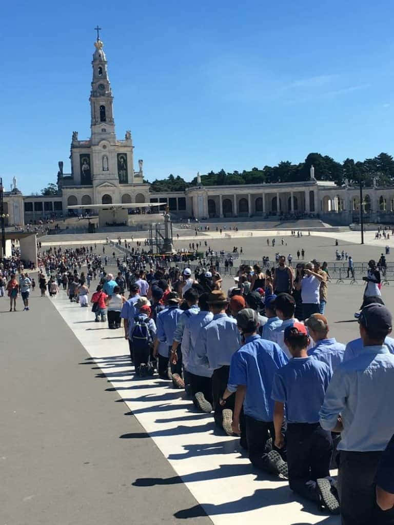 Portugal 桌布 壁紙 — 一大群穿著藍色襯衫的人，在明亮的陽光下，在鋪砌的廣場上排成一長排跪著，背景是一座宏偉的白色教堂和鐘樓。