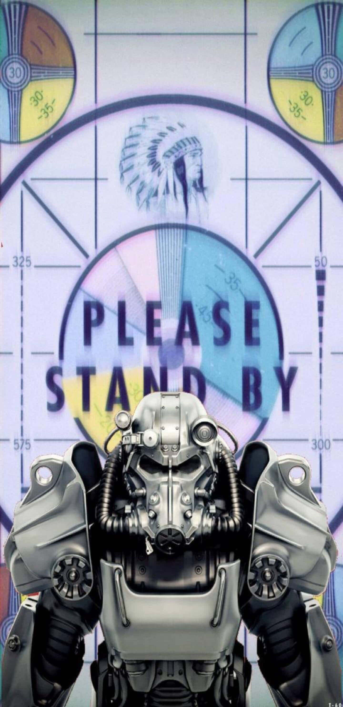 Pixel 3xl Fallout 76 桌布 壁紙 — 一套銀色動力裝甲套裝站在一個發光的圓形介面前，顯示「PLEASE STAND BY」和一個美洲原住民頭飾。