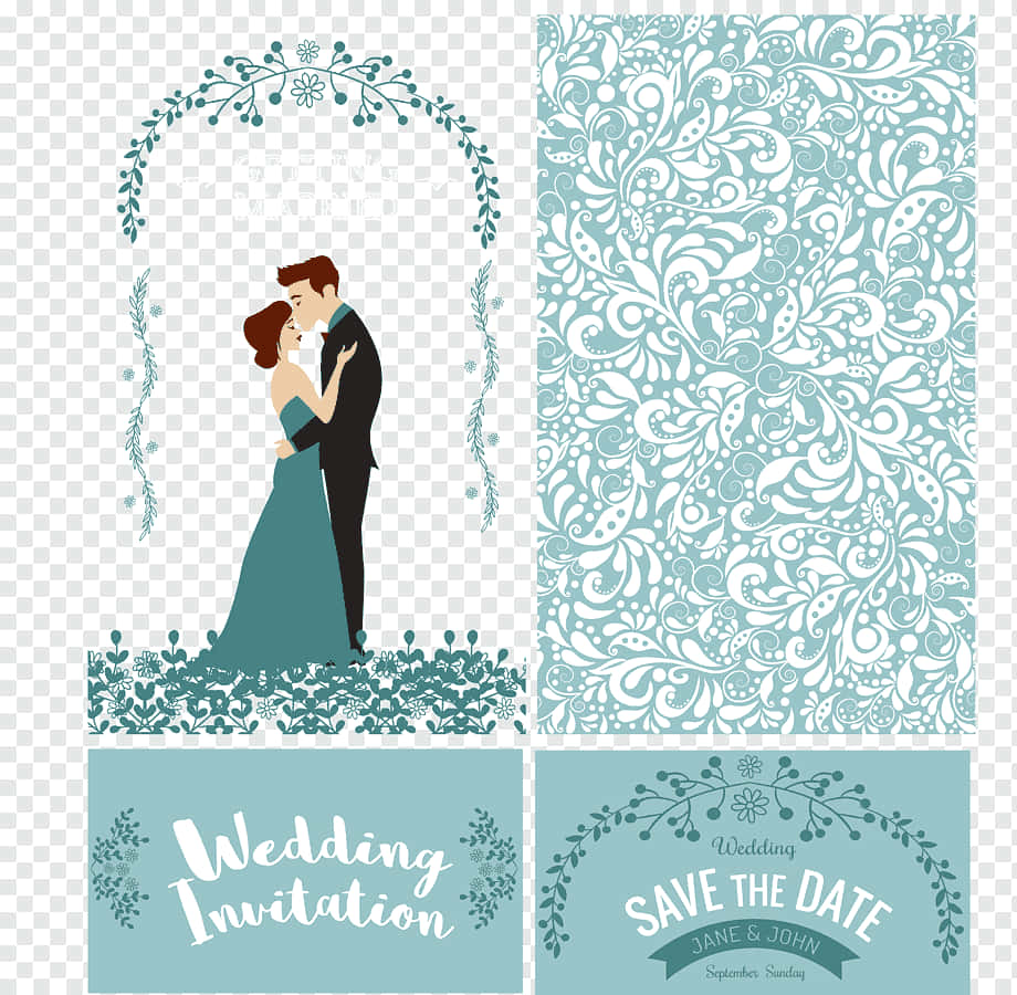 Invitation 桌布 壁紙 — 一套青綠色和白色的婚禮邀請函套裝，特色是情侶在花拱門下接吻，以及華麗的圖案背景。