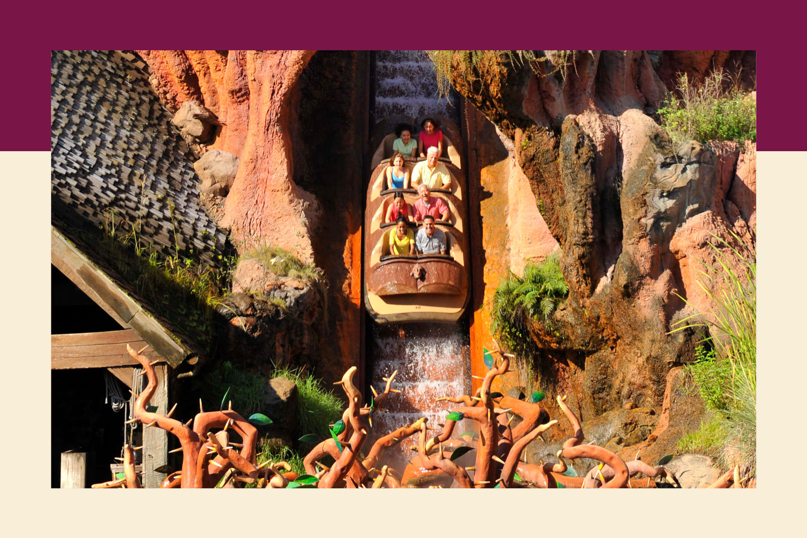 Splash Mountain 桌布 壁紙 — 一家人乘坐原木水滑梯穿過岩石峽谷，下方有瀑布和扭曲的樹根。
