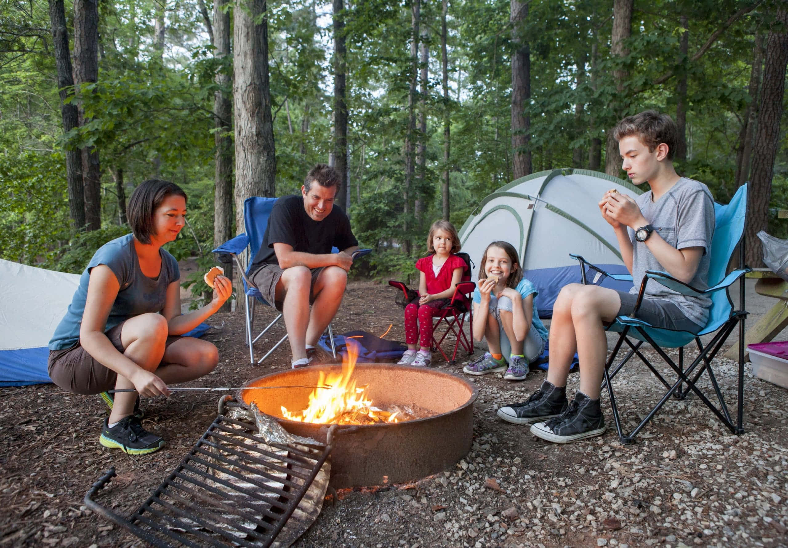 Camping 桌布 壁紙 — 一家人聚集在黃昏時分的樹林中的營火旁，烤棉花糖，享受彼此的陪伴。