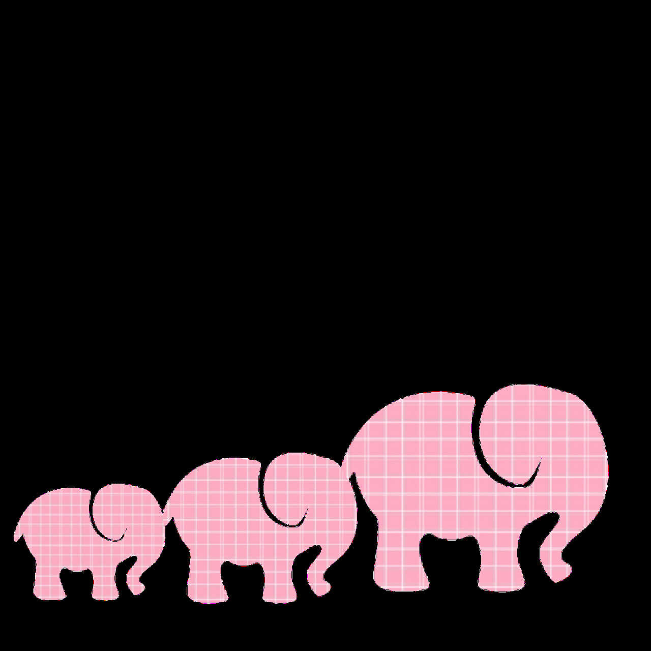 Pink Elephant 桌布 壁紙 — 一家四口粉紅色格紋大象排成一列，在純黑背景上行走。