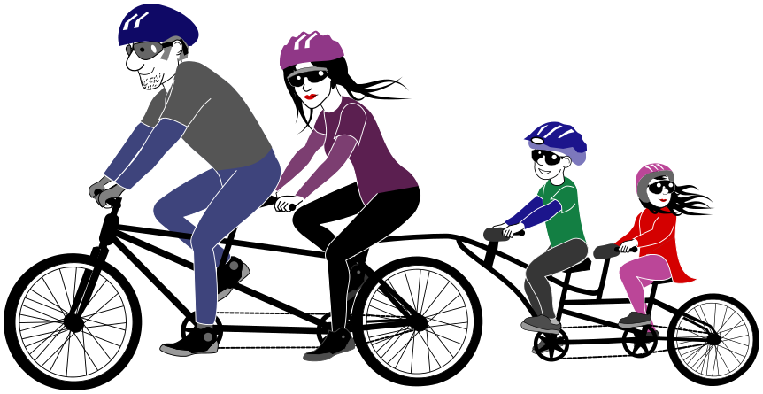 騎自行車 桌布 壁紙 — 一家四口騎著長雙人腳踏車，戴著頭盔和太陽眼鏡，風格化插圖。