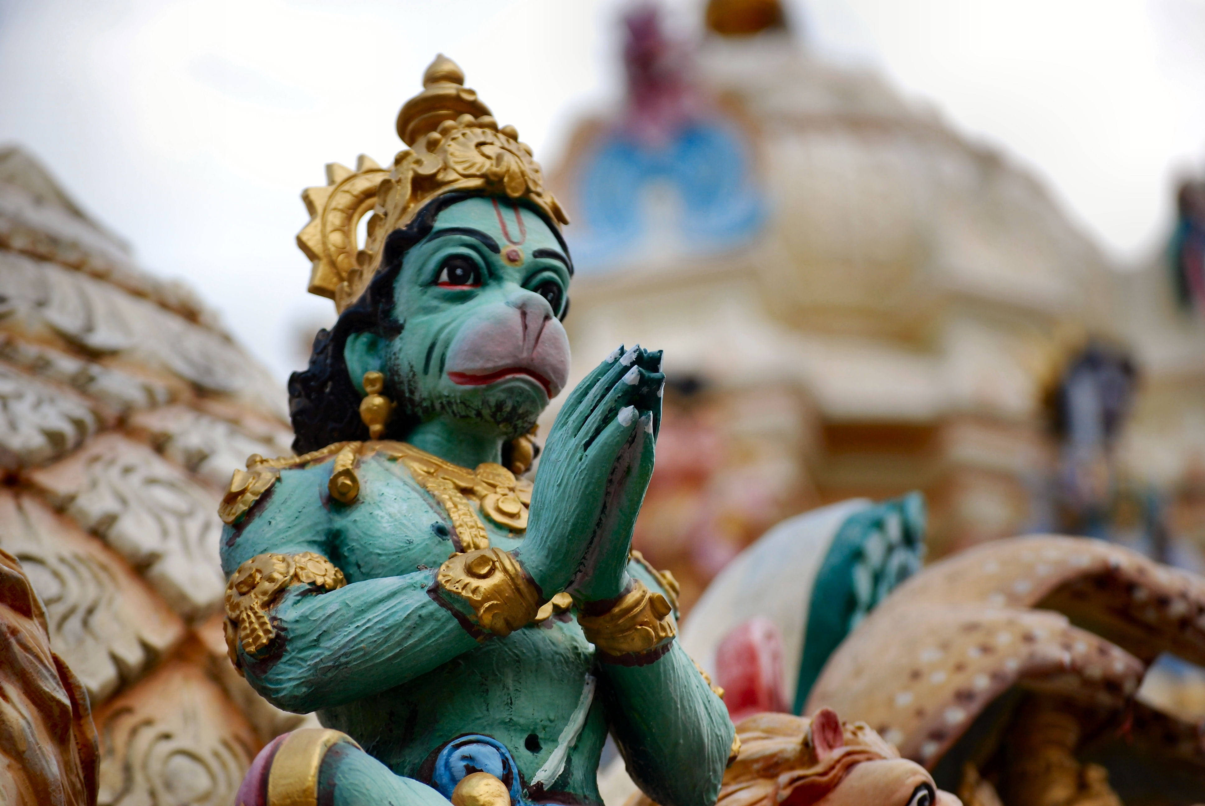 lord hanuman HD 桌布 壁紙 — 一尊充滿活力的綠松石色哈努曼雕像，飾有金色裝飾，在寺廟環境中祈禱。
