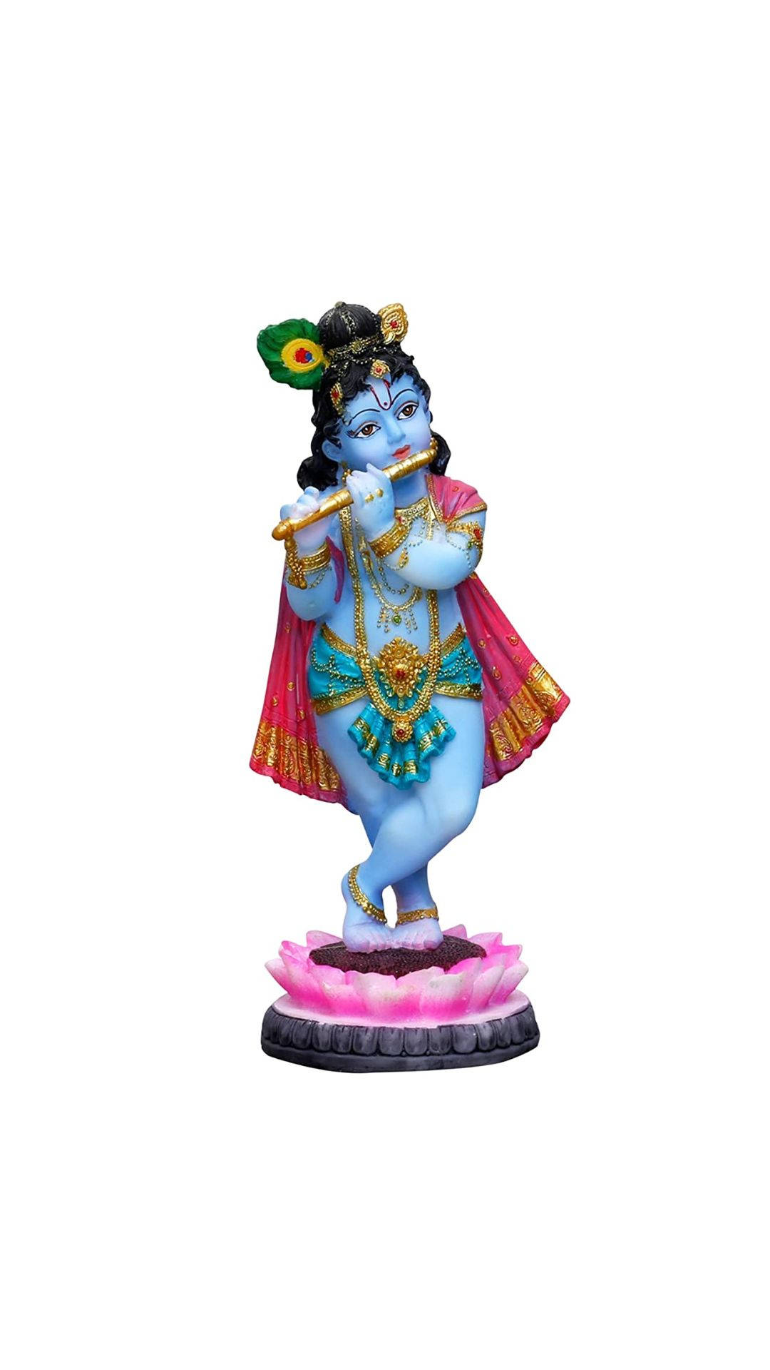 cute krishna 桌布 壁紙 — 一尊充滿活力的藍色克里希納神像，站在粉紅色蓮花底座上吹奏笛子，底座飾有金色和紅色細節。