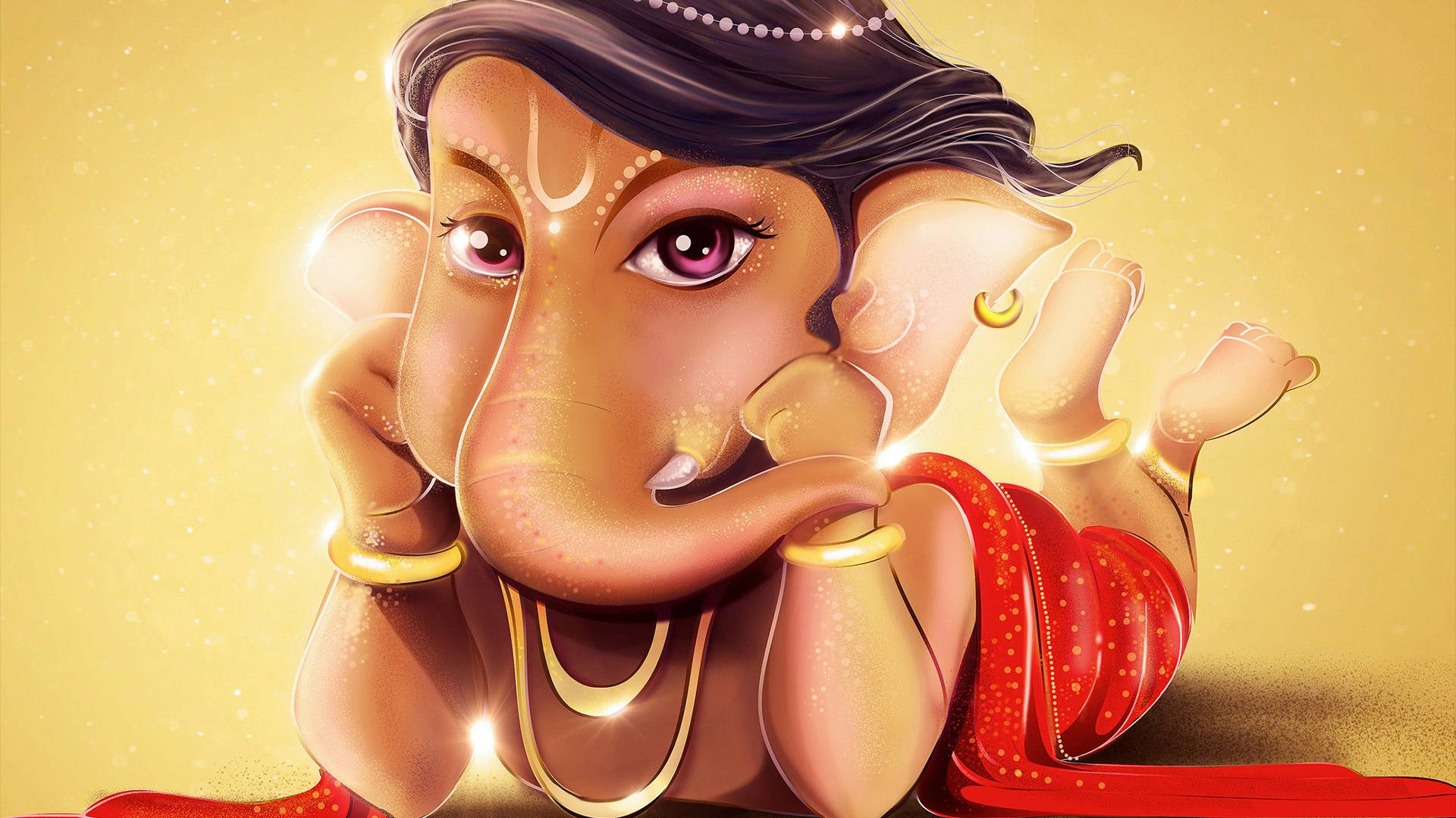 cute ganesha 桌布 壁紙 — 一尊光芒四射的插畫象神，粉紅色的眼睛和金色珠寶，在閃耀的金色背景上沉思地休息。