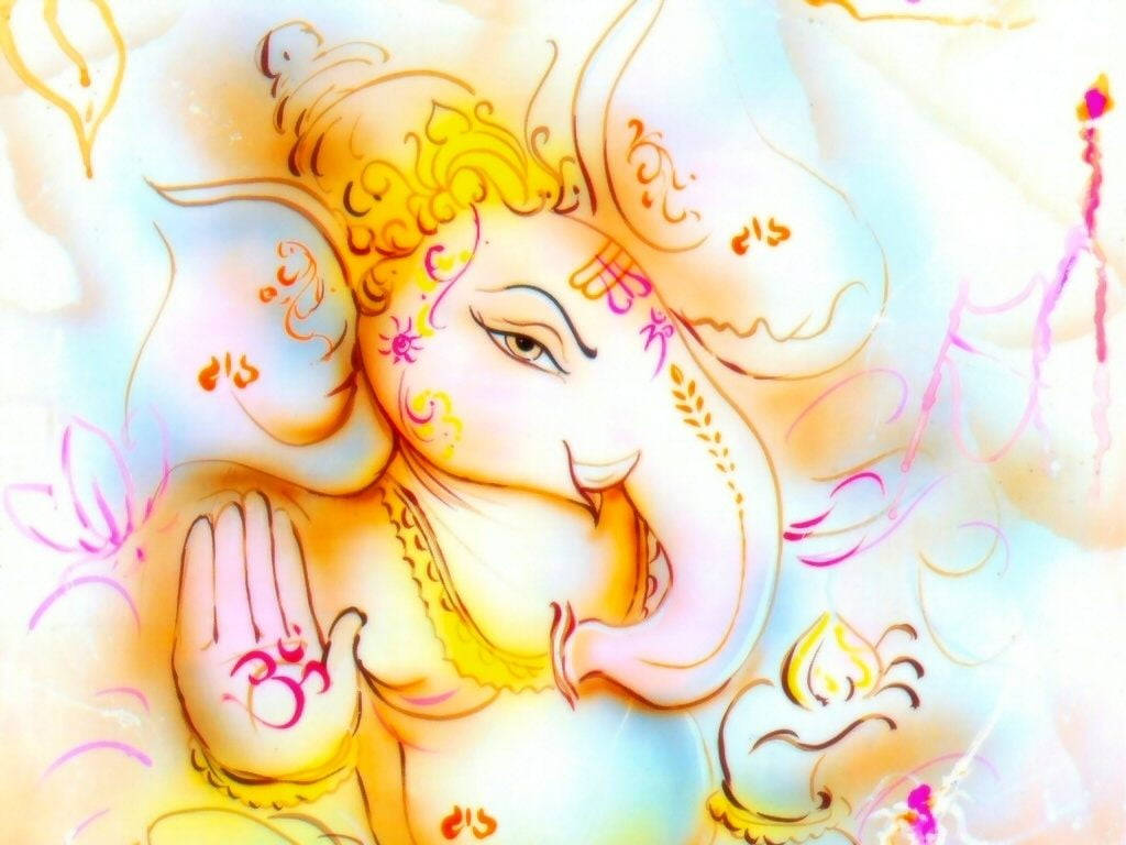 Ganesh 桌布 壁紙 — 一尊光芒四射的象神插圖，金色捲髮和粉紅色花卉裝飾，手持象徵「嗡」的手勢賜福。