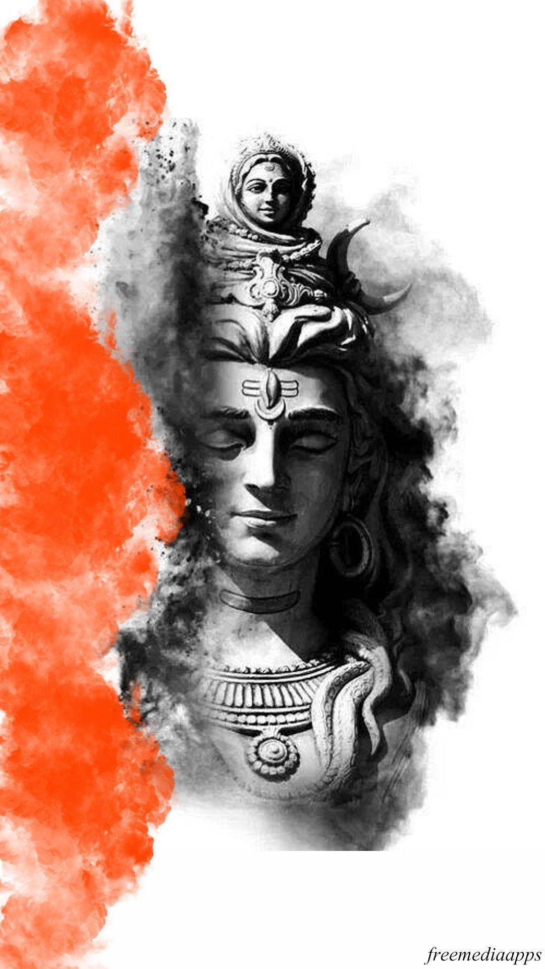 har har mahadev 桌布 壁紙 — 一尊單色的濕婆雕像，閉著眼睛，戴著新月皇冠，從煙霧般的灰色迷霧中浮現，背景是充滿活力的橙色水彩潑濺。