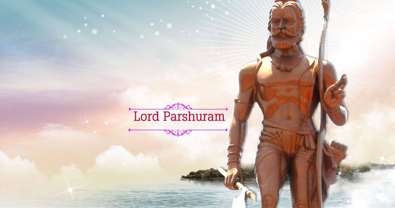 Parshuram 桌布 壁紙 — 一尊宏偉的帕舒拉姆勳爵銅像矗立在水邊，天空燦爛，帶有閃爍效果。